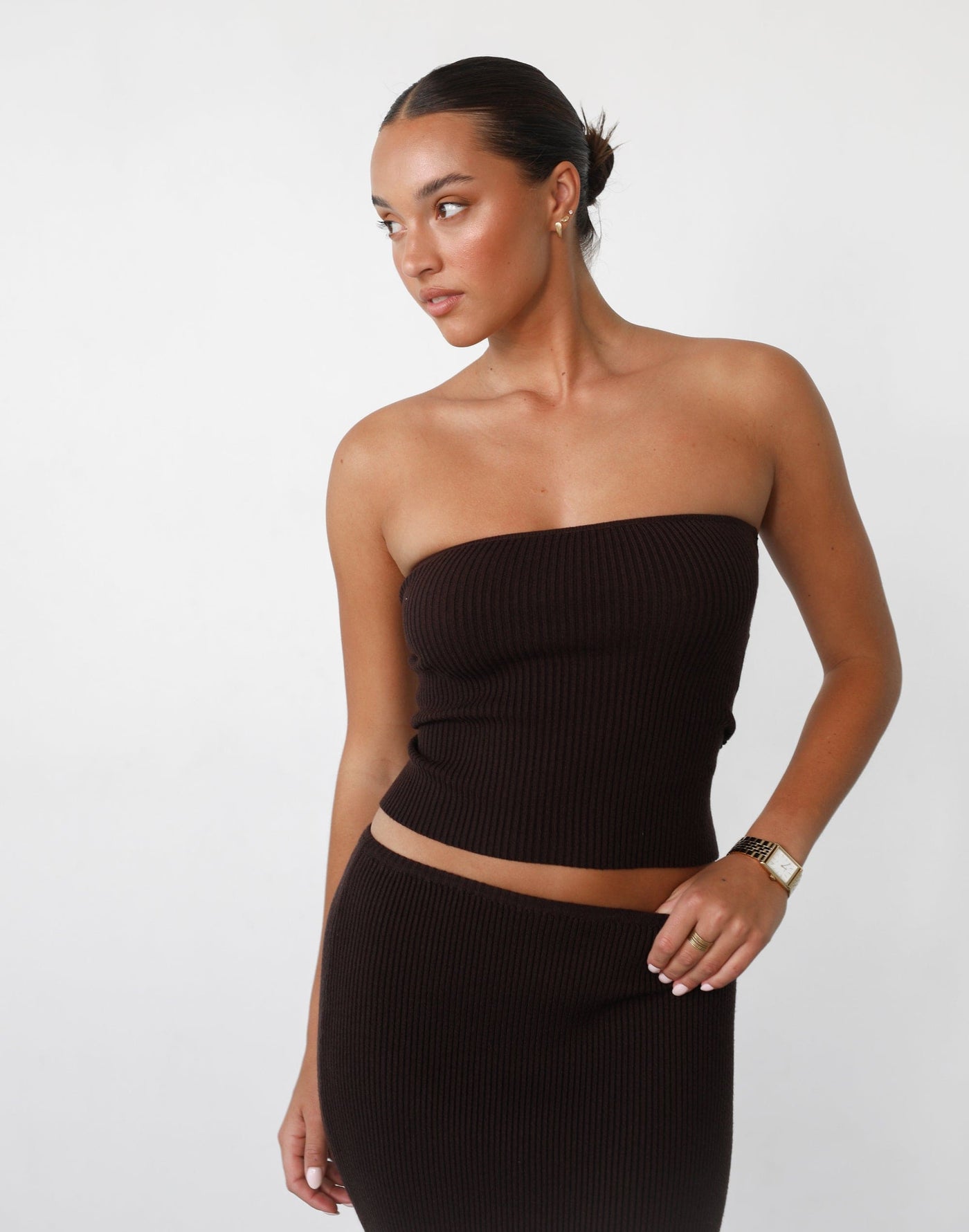 Nate Knit Maxi Skirt (Chocolate) - Low/Mid Rise Ribbed Knit Maxi Skirt - Women's Skirt - Charcoal Clothing