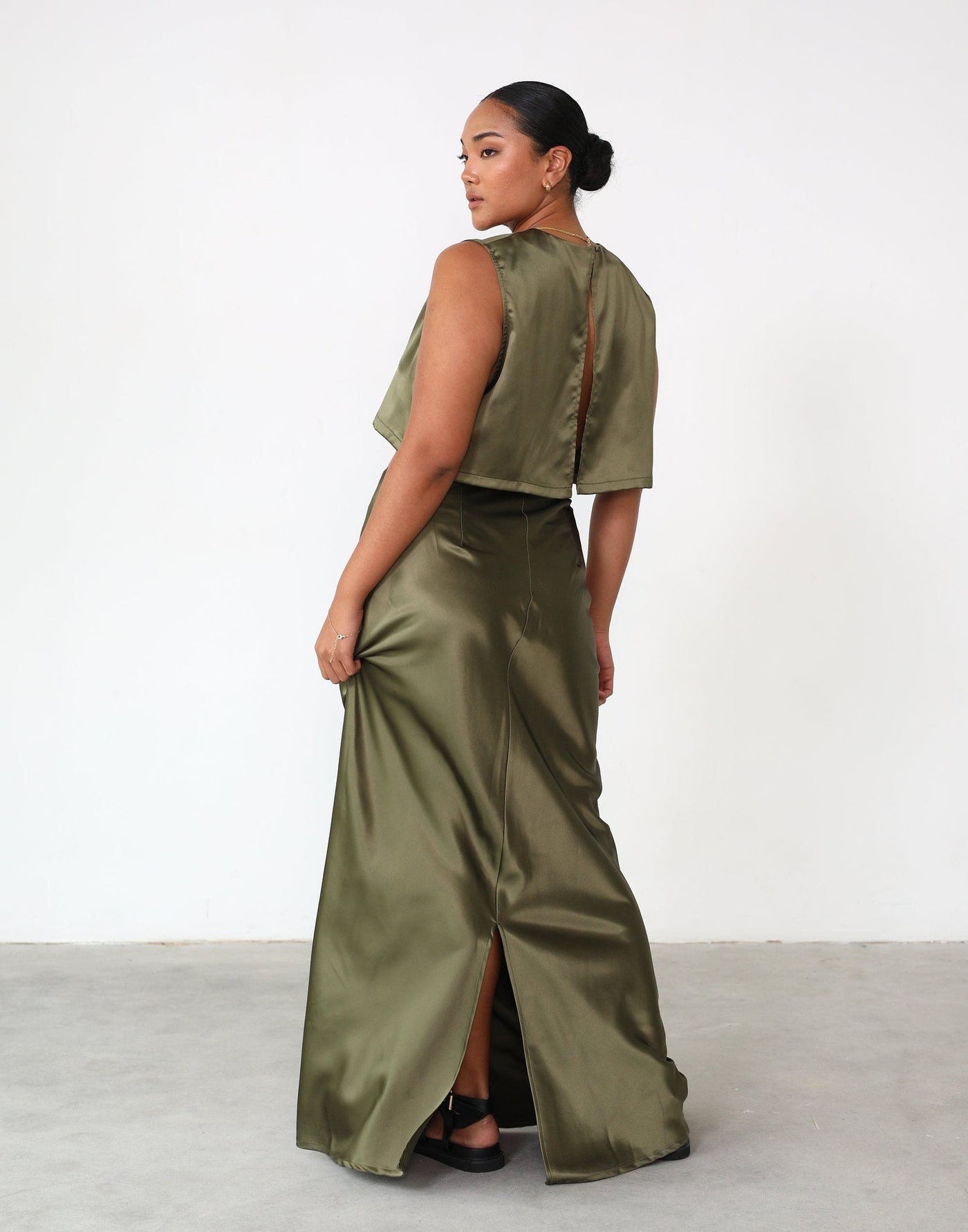 Sincerity Maxi Skirt (Dark Olive) - Satin High Waisted Maxi Skirt - Women's Skirt - Charcoal Clothing