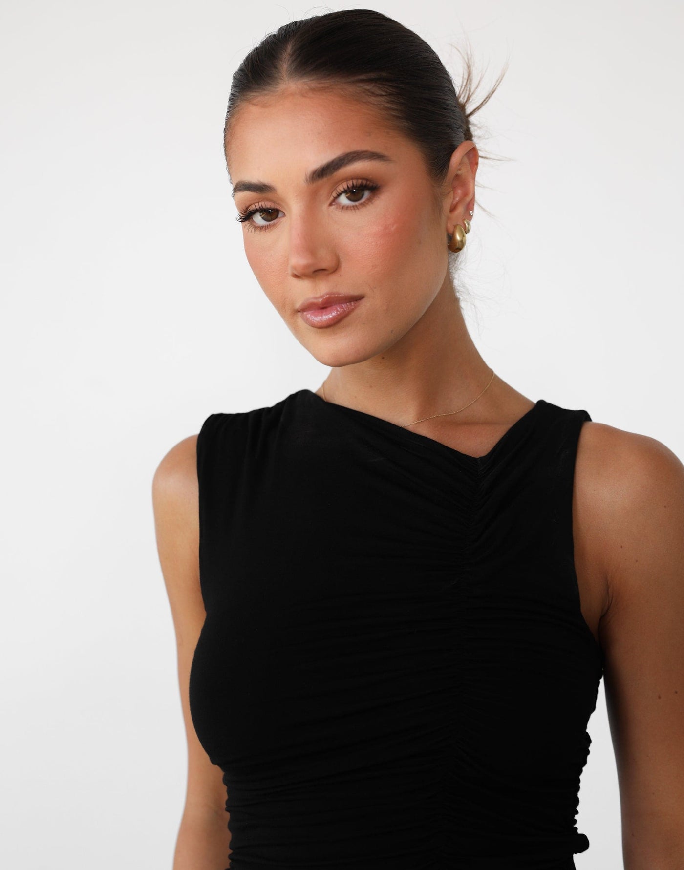 Delphine Tank Top (Black) - Bodycon Jersey Gathered Detail Top - Women's Top - Charcoal Clothing