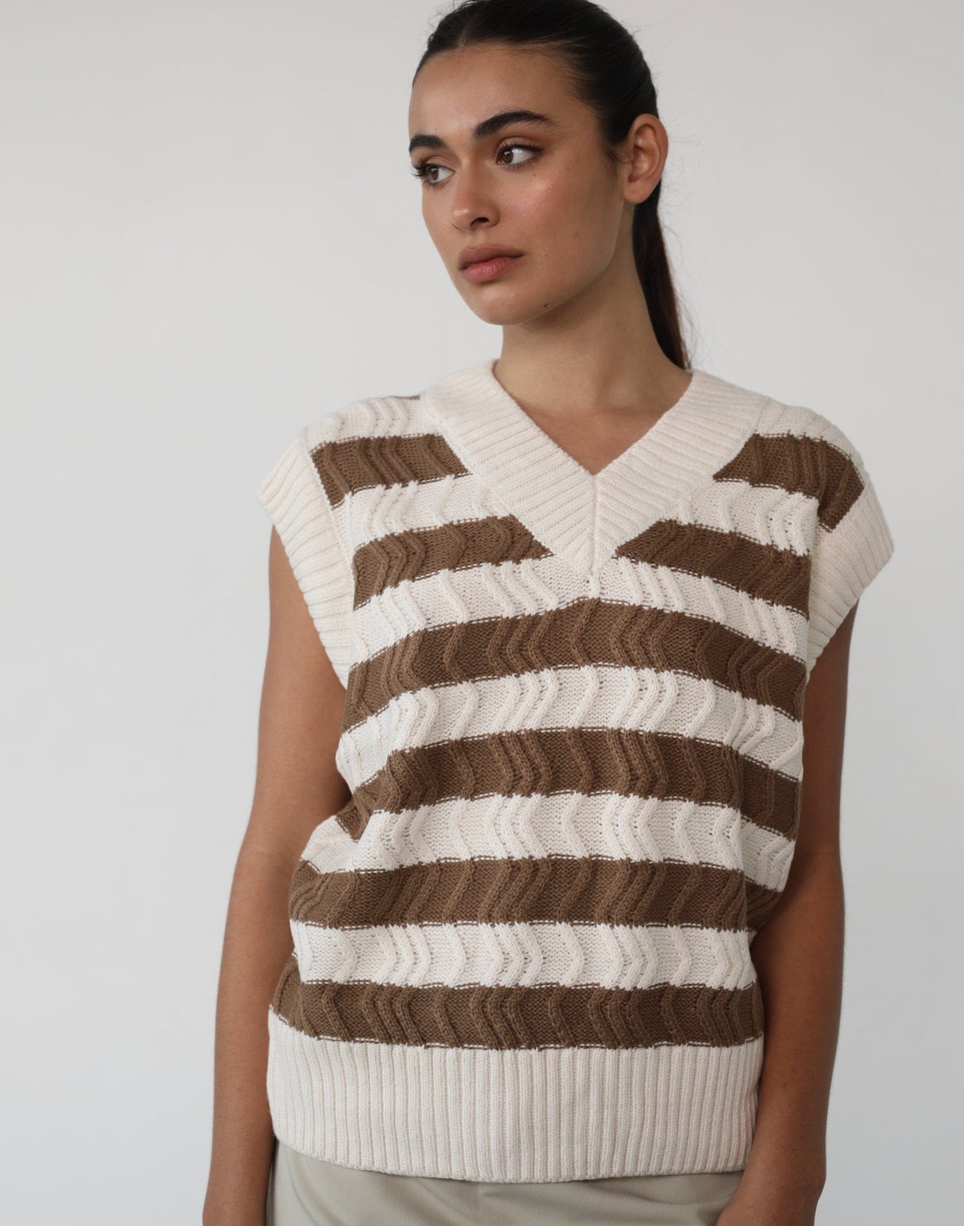 Dustin Knit Vest (Beige/Brown) - Beige Brown Knit Vest - Women's Tops - Charcoal Clothing
