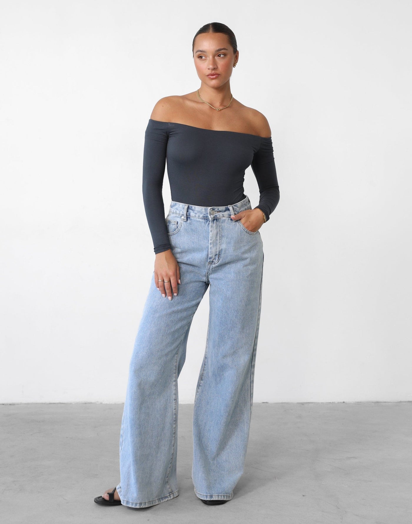 Iris Bodysuit (Charcoal) Offtheshoulder Long Sleeve Bodysuit CHARCOAL