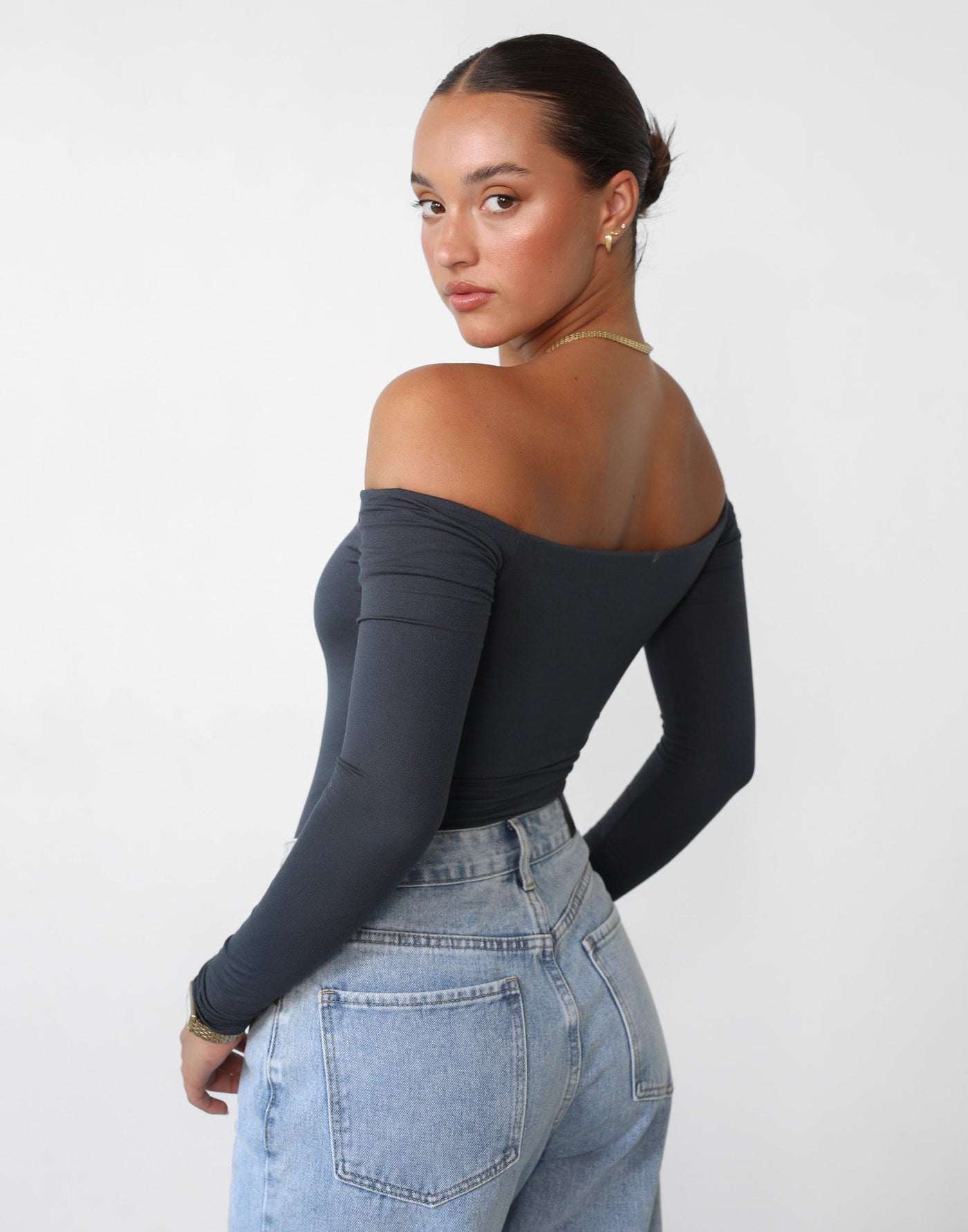 Iris Bodysuit (Charcoal) Offtheshoulder Long Sleeve Bodysuit CHARCOAL