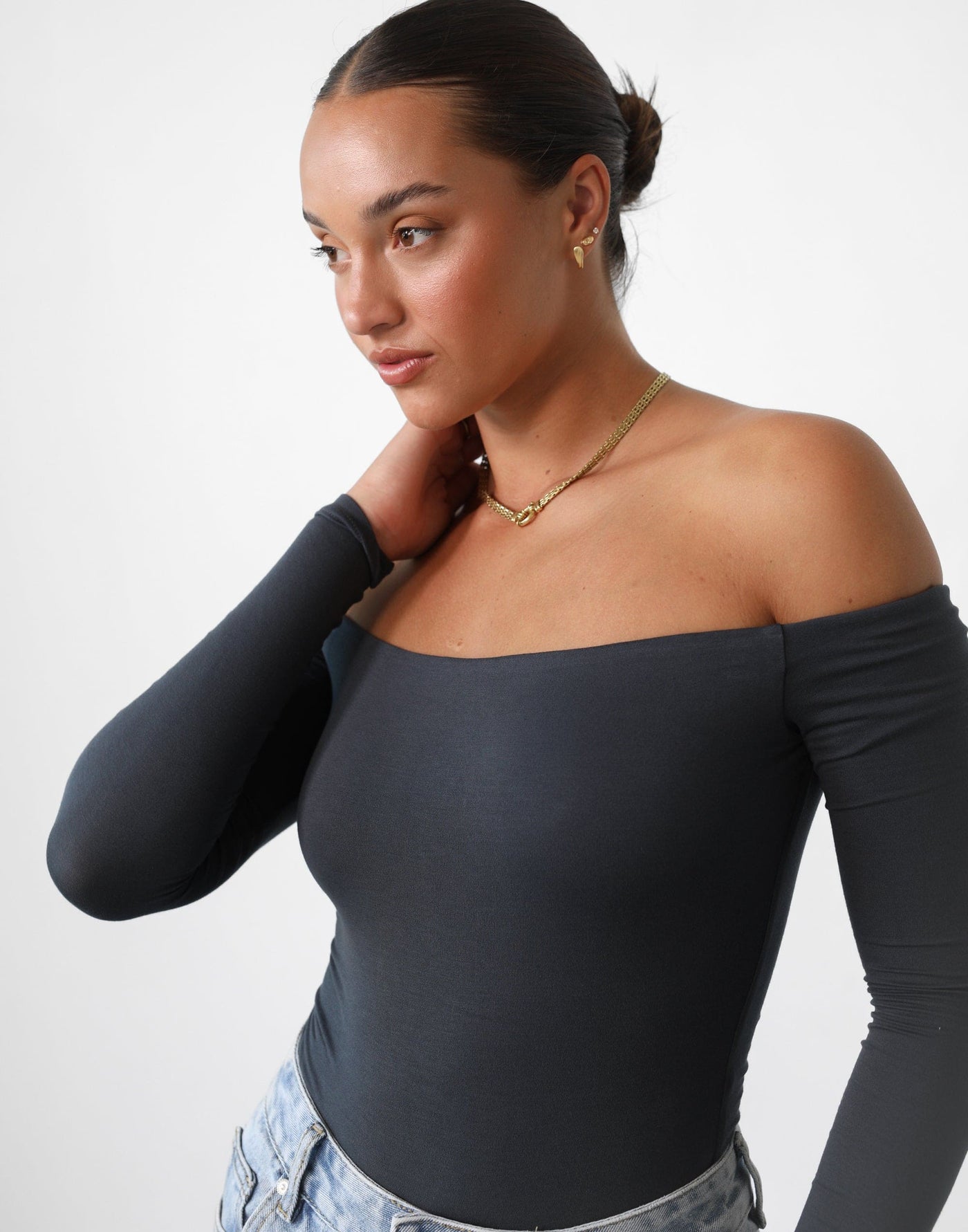 Iris Bodysuit (Charcoal) Offtheshoulder Long Sleeve Bodysuit CHARCOAL