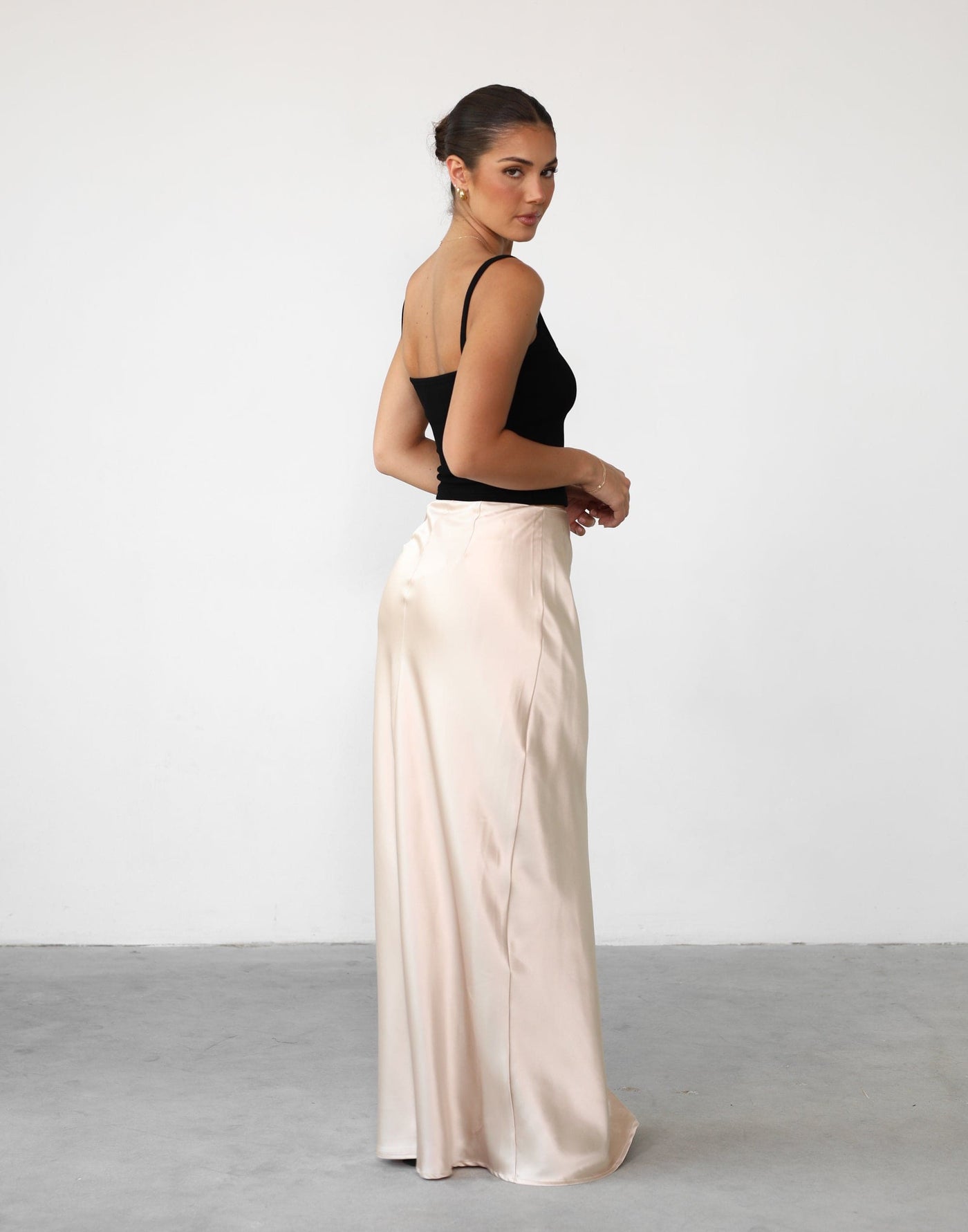Sincerity Maxi Skirt (Almond) - Satin High Rise Maxi Skirt - Women's Skirt - Charcoal Clothing