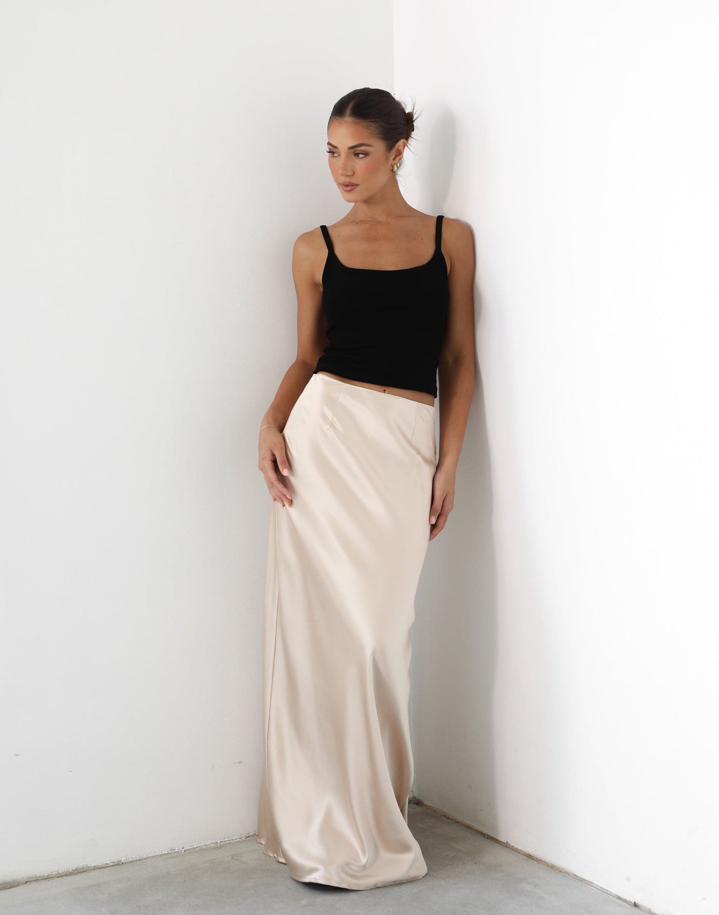 Sincerity Maxi Skirt (Almond) - Satin High Rise Maxi Skirt - Women's Skirt - Charcoal Clothing