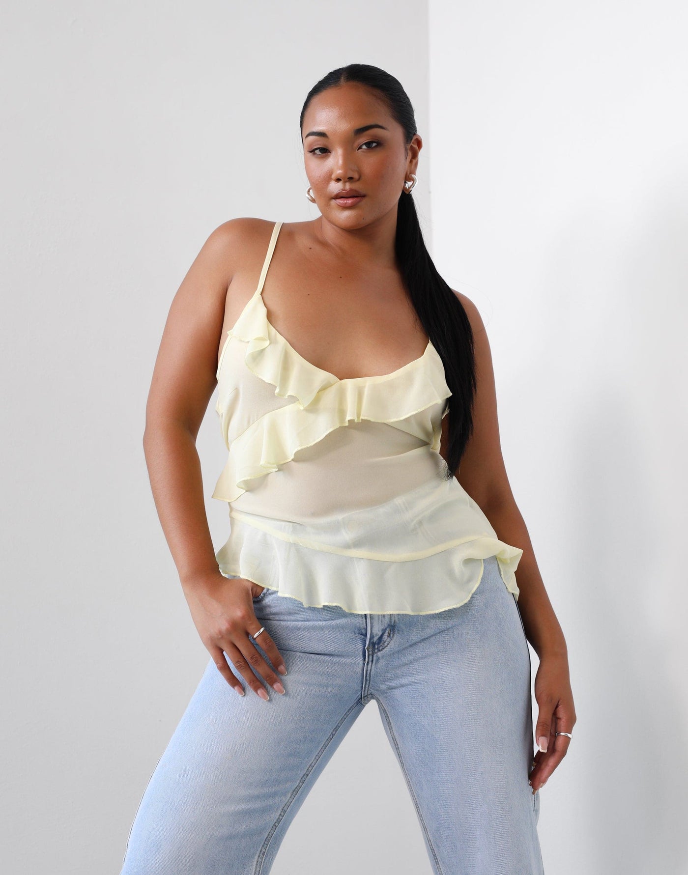 Daphne Top (Lemon) | Charcoal Clothing Exclusive - Frill Detailing Sheer Top - Women's Top - Charcoal Clothing