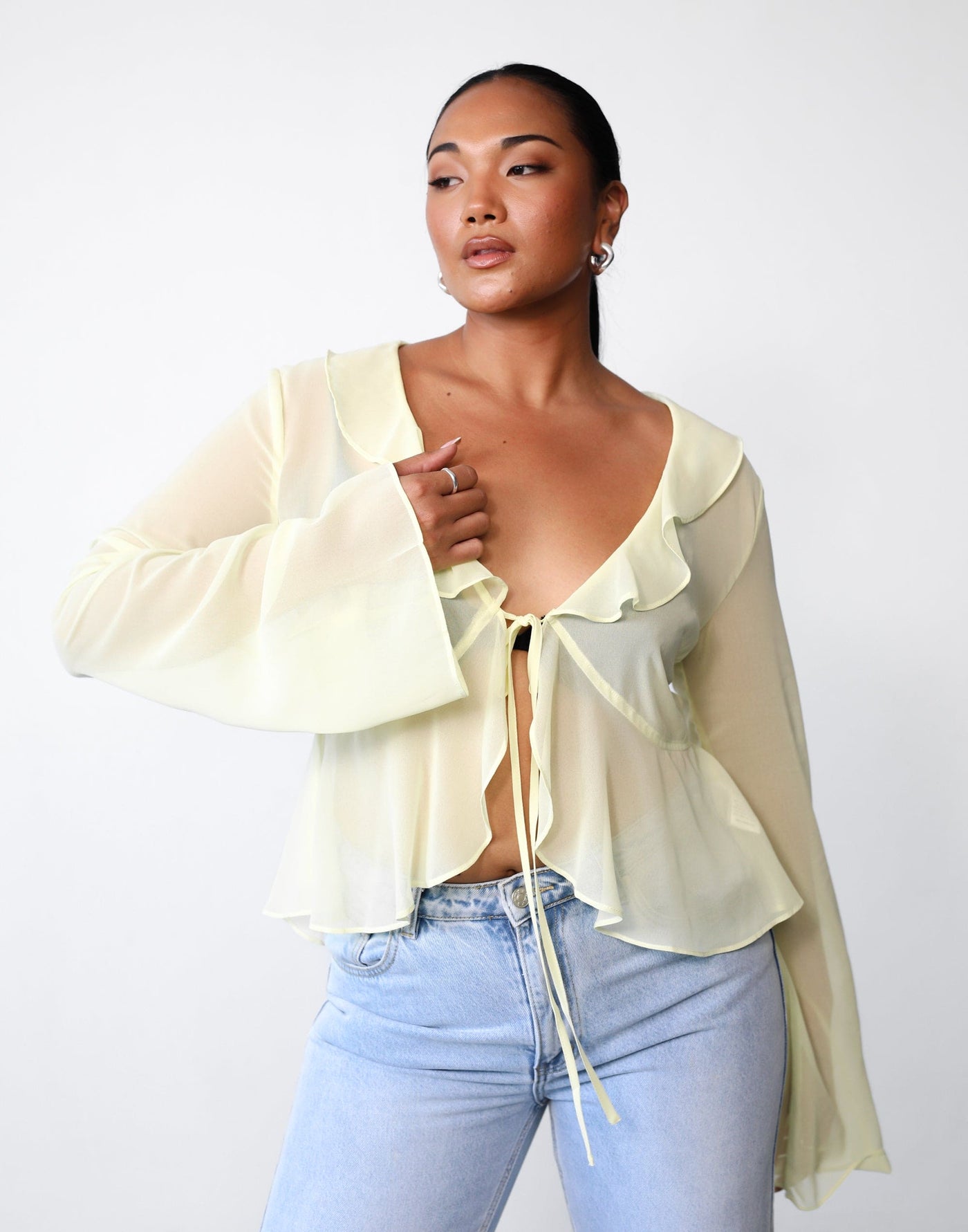 Leah Long Sleeve Top (Lemon) | Charcoal Clothing Exclusive - Frill Detail Sheer Top - Women's Top - Charcoal Clothing