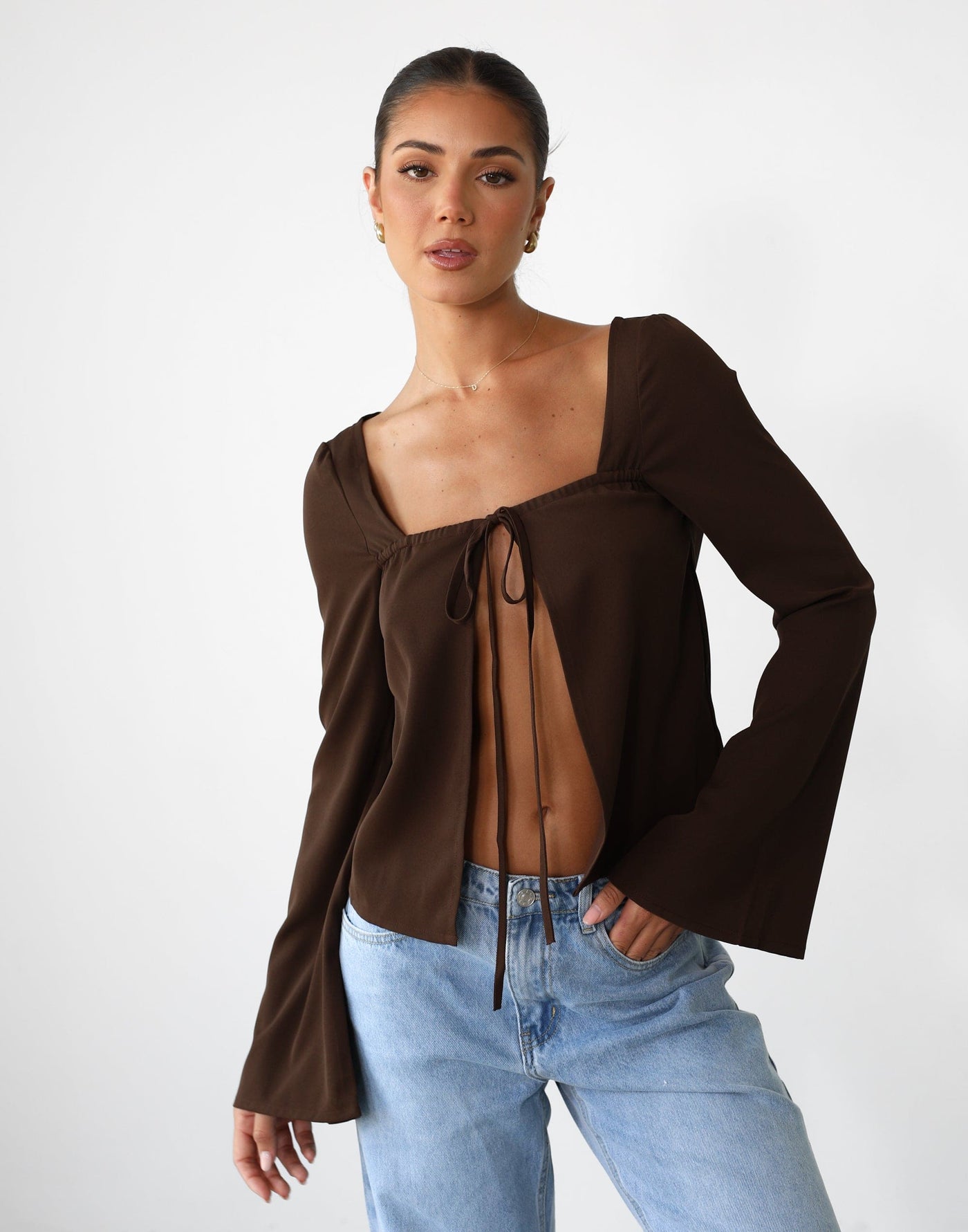 Aria Long Sleeve Top (Cocoa) - Tie Up Open Front Top - Women's Top - Charcoal Clothing