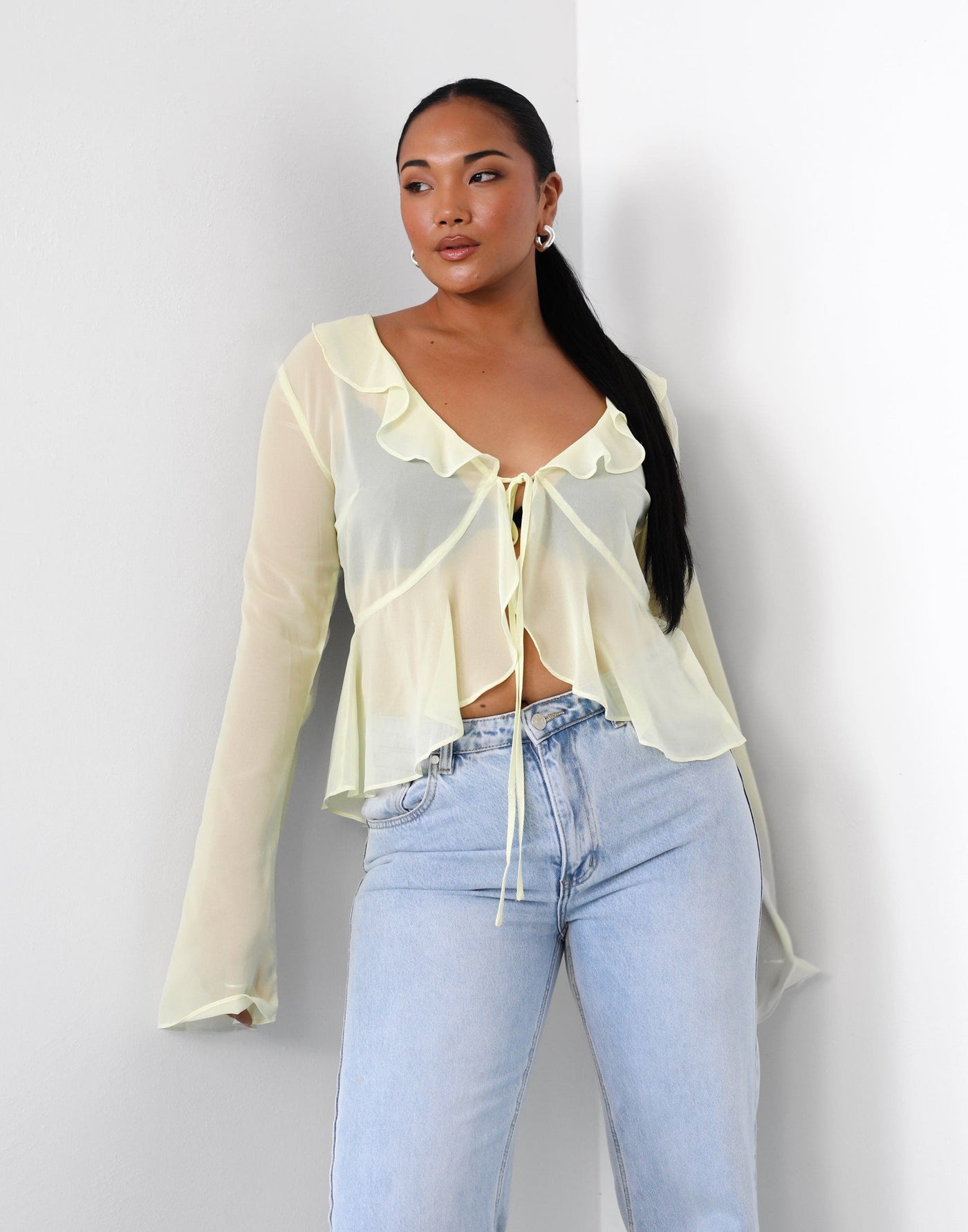 Leah Long Sleeve Top (Lemon) | Charcoal Clothing Exclusive - Frill Detail Sheer Top - Women's Top - Charcoal Clothing