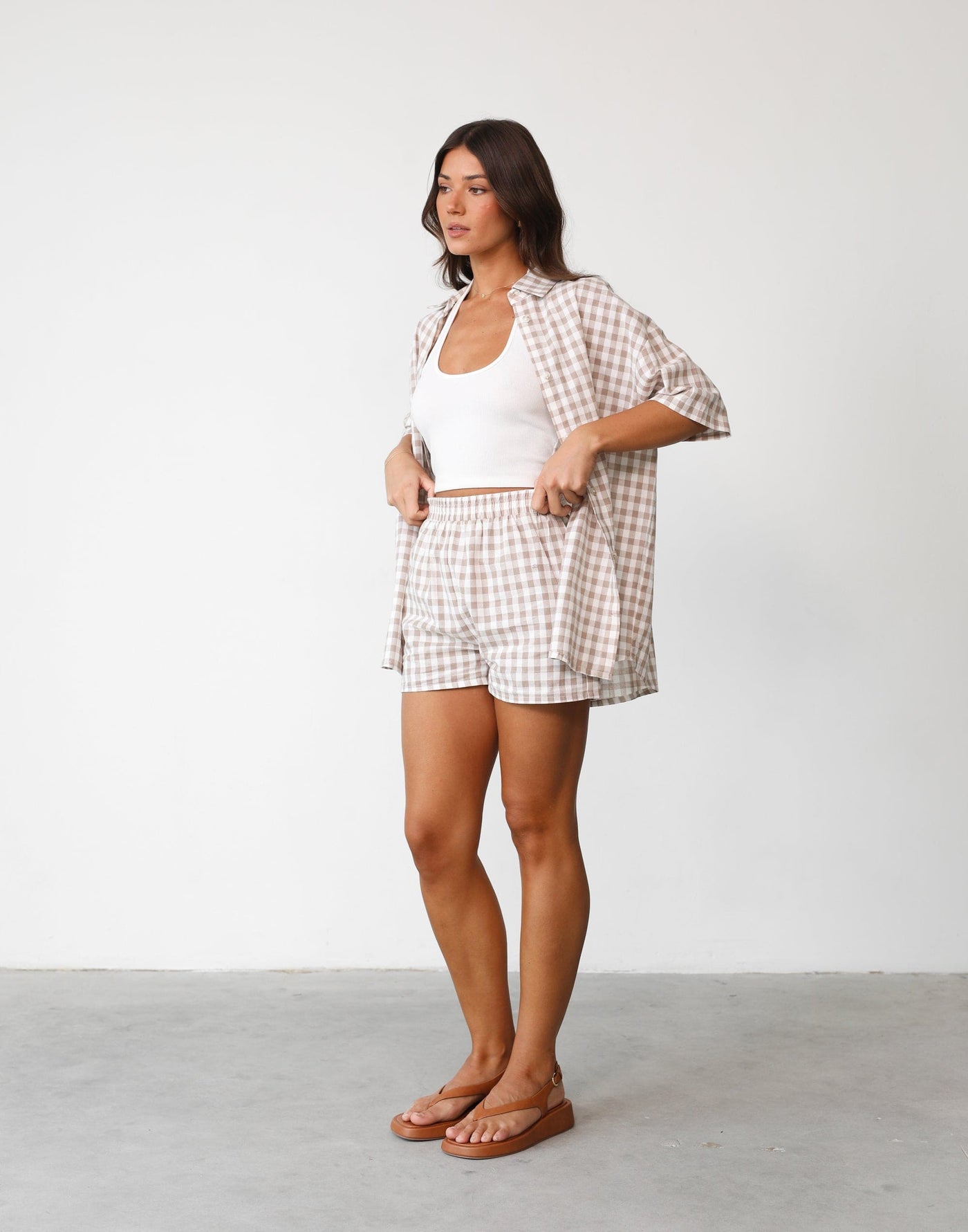 Camila Shirt (Beige Gingham) | Charcoal Clothing Exclusive - Collared Button Up Short Sleeve Shirt - Women's Top - Charcoal Clothing
