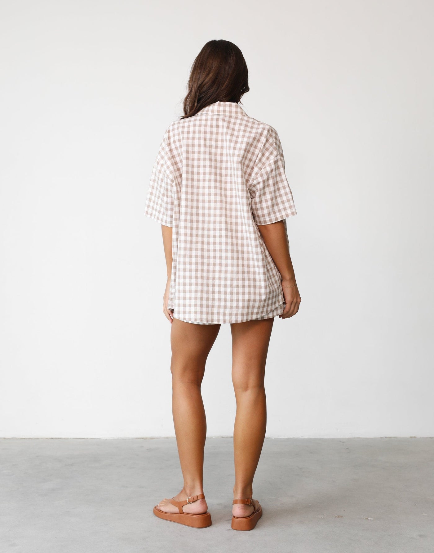Camila Shirt (Beige Gingham) | Charcoal Clothing Exclusive - Collared Button Up Short Sleeve Shirt - Women's Top - Charcoal Clothing