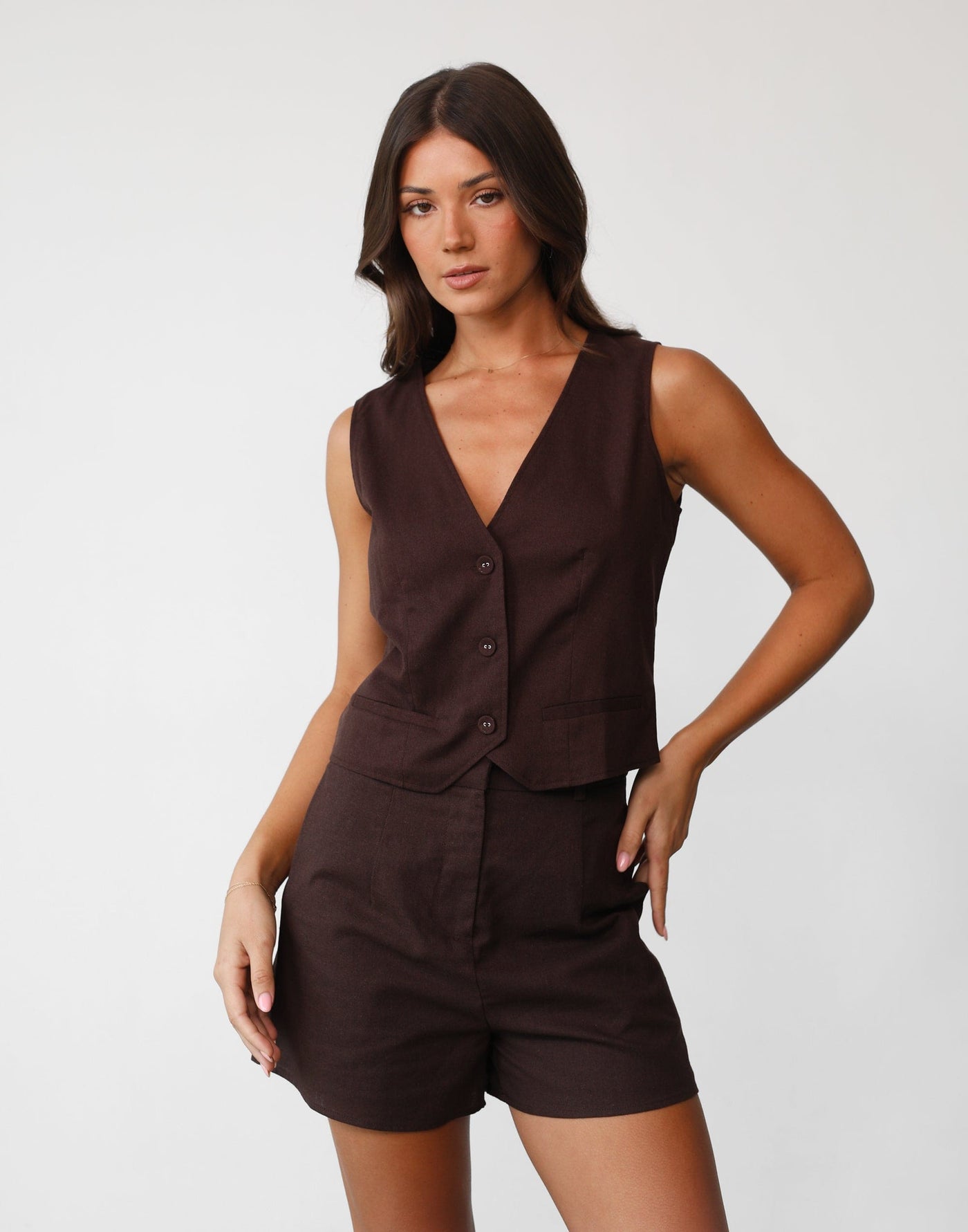 Rania Linen Vest (Chocolate) | Charcoal Clothing Exclusive - V-neckline Button Closure Vest Top - Women's Top - Charcoal Clothing