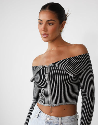 Krystella Long Sleeve Top (Black/Grey) - Ribbed Contrast Stripe Collared Zipper Top - Women's Top - Charcoal Clothing