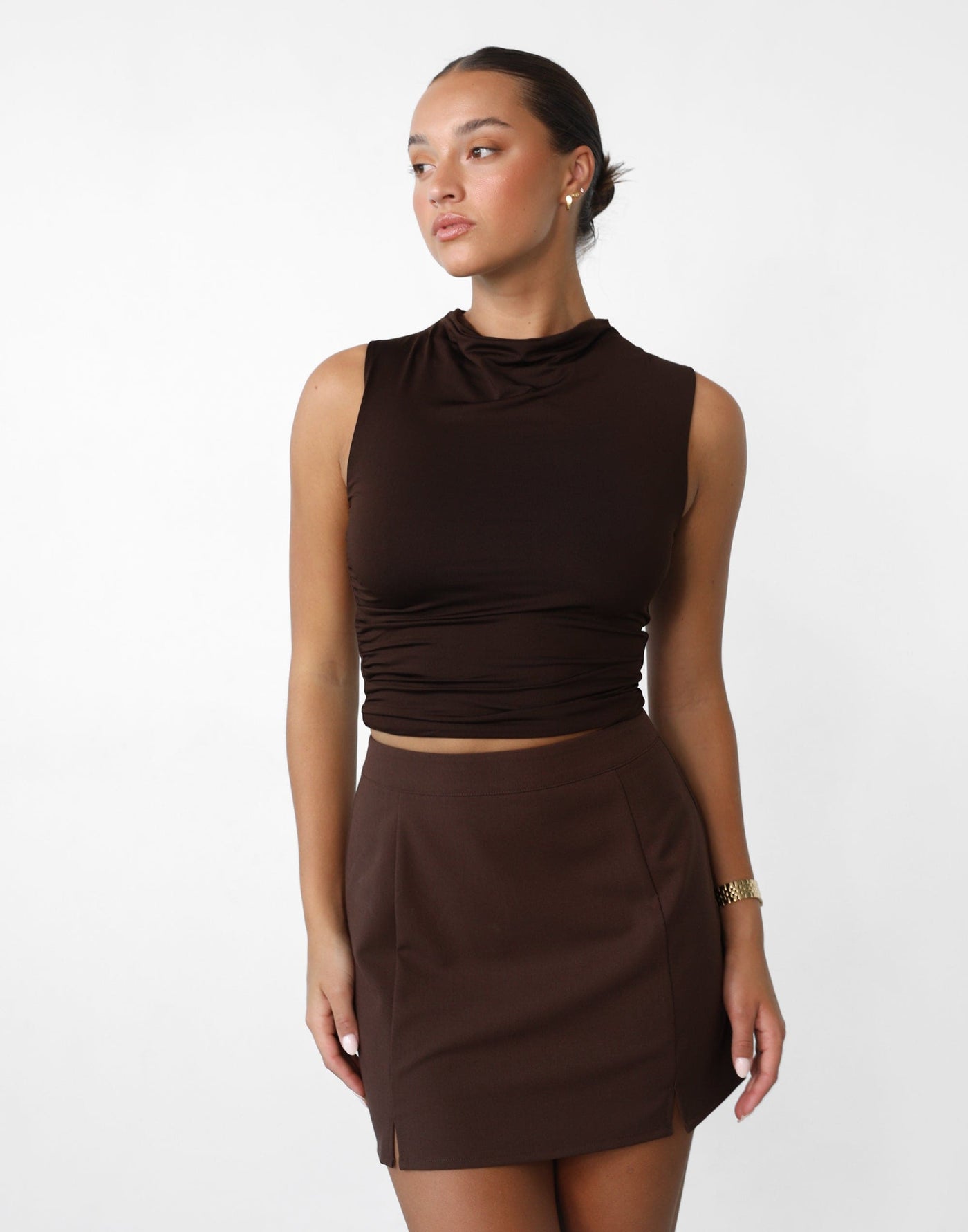 Amerie Mini Skirt (Brown) - Brown High Waisted Mini Skirt - Women's Skirt - Charcoal Clothing