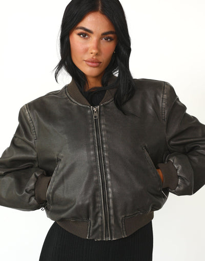 Allure Bomber (Charcoal) - By Lioness - Cropped Faux Leather Jacket - Women's Outerwear - Charcoal Clothing