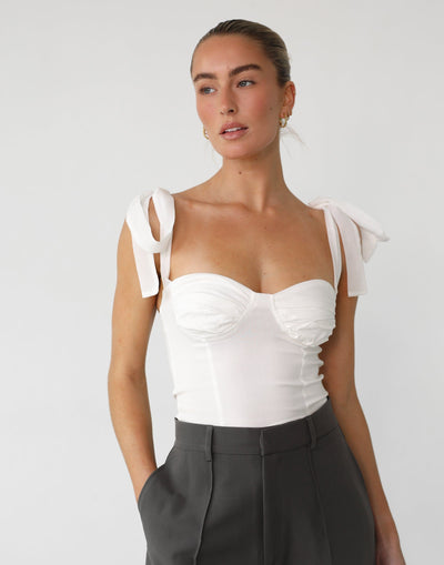 Lorene Crop Top (White) - Sweetheart Neckline Tie Up Shoulder Top - Women's Top - Charcoal Clothing