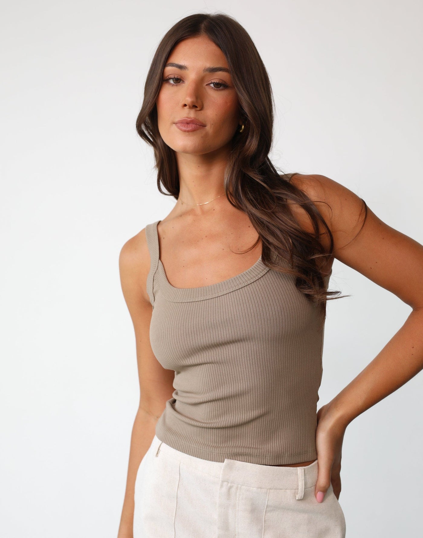 Skyler Tank Top (Latte) - Ribbed Thick Strap Bodycon Top - Women's Top - Charcoal Clothing