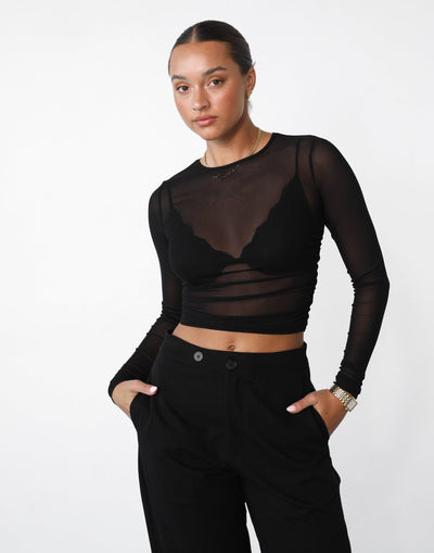 Fusion Long Sleeve Top (Black) - High Neck Ruched Mesh Long Sleeve Top - Women's Top - Charcoal Clothing