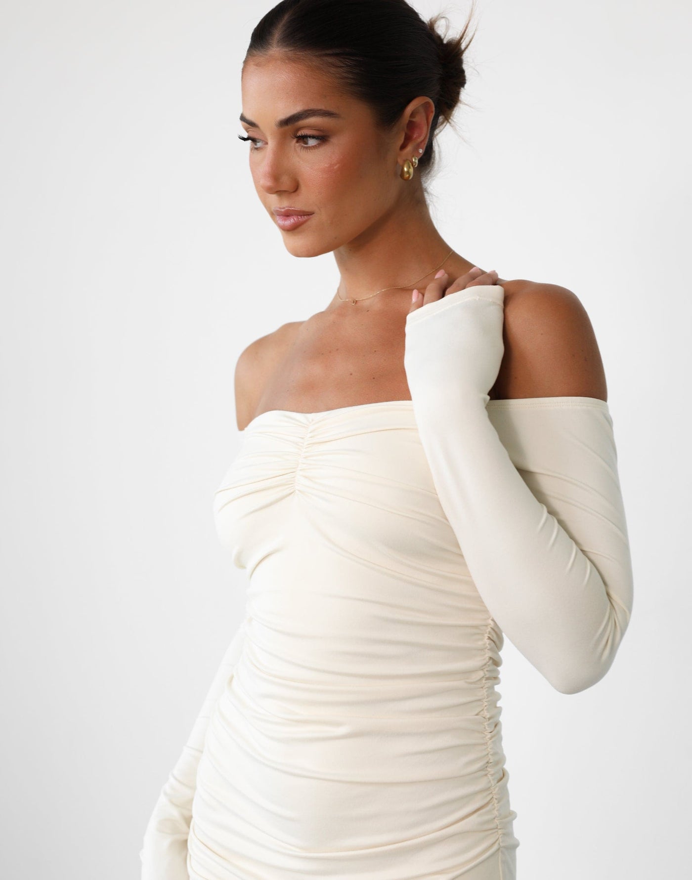 Josephine Mini Dress (Cream) - Ruched Gathered Off Shoulder Long SleeveMini - Women's Dress - Charcoal Clothing
