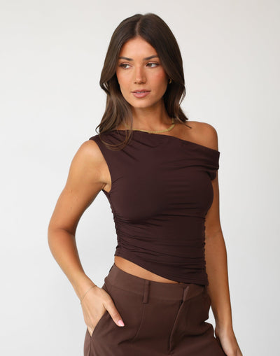 Namiko Top (Cocoa) | Charcoal Clothing Exclusive - Asymmetrical Neckline and Hemline Ruched Top - Women's Top - Charcoal Clothing