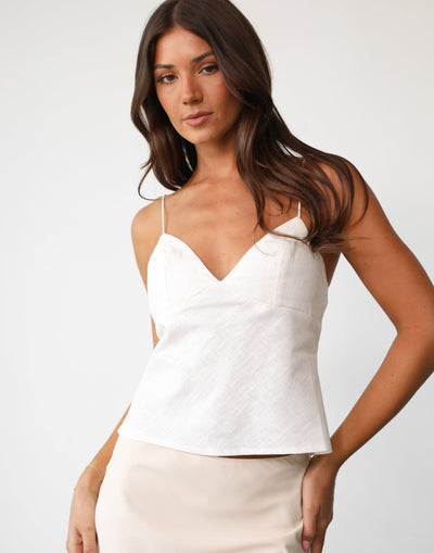 Tahani Cami Top (Off White) - V-neckline Thin Elasticated Shoulder Straps - Women's Top - Charcoal Clothing