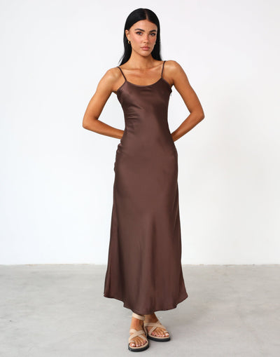 Martha Maxi Dress (Cocoa) - Satin Adjustable Strap Slip Dress - Women's Dress - Charcoal Clothing