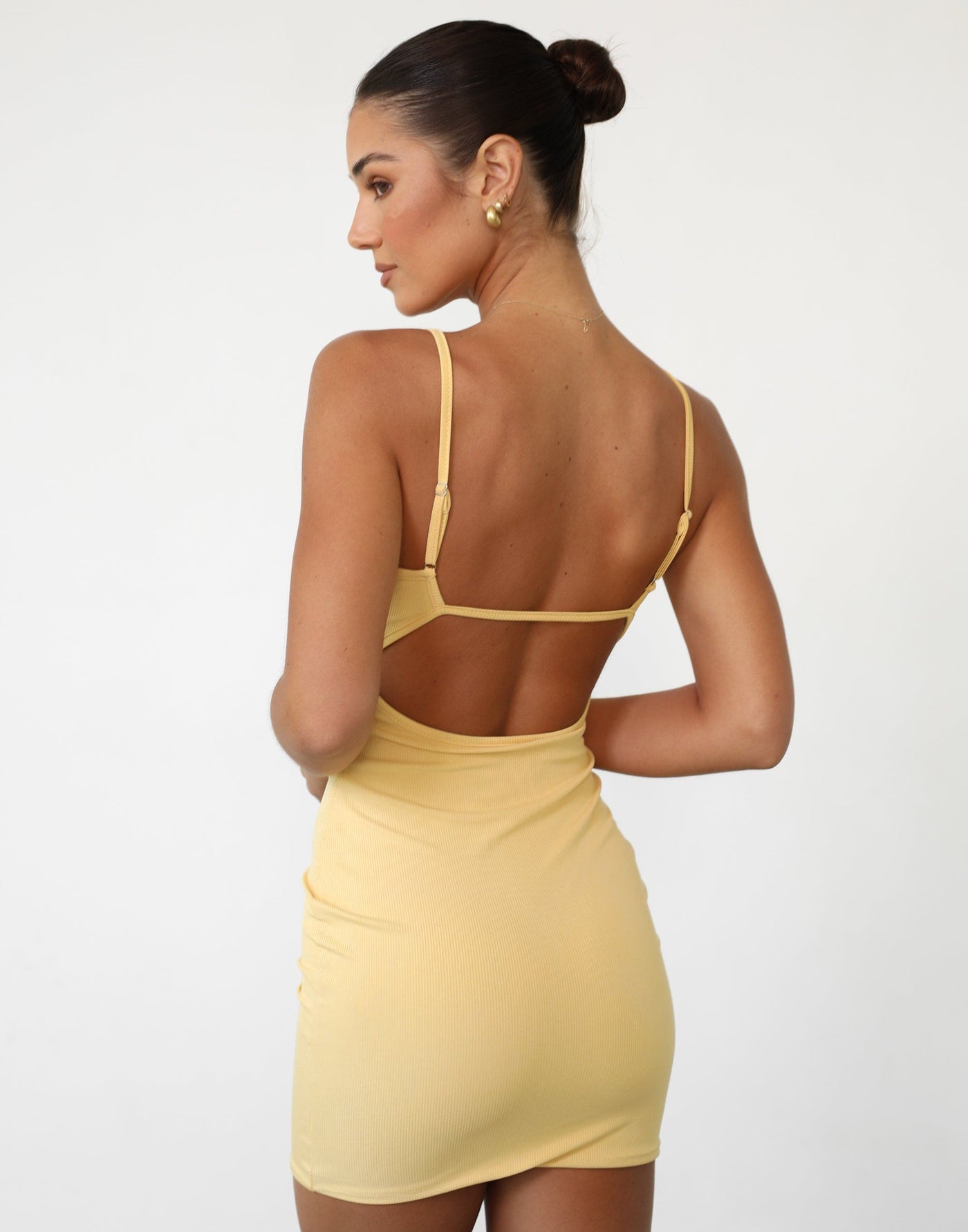 Amani Mini Dress (Citrus) - Yellow Open Back Ribbed Mini Dress - Women's Dress - Charcoal Clothing