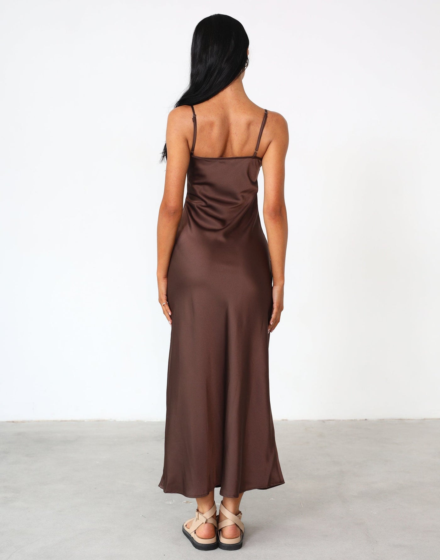 Martha Maxi Dress (Cocoa) - Satin Adjustable Strap Slip Dress - Women's Dress - Charcoal Clothing