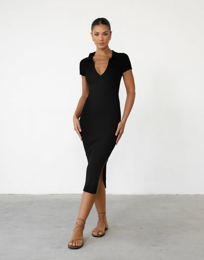 Angelika Midi Dress (Black) - Black Collared Ribbed Midi Dress - Women's Dress - Charcoal Clothing