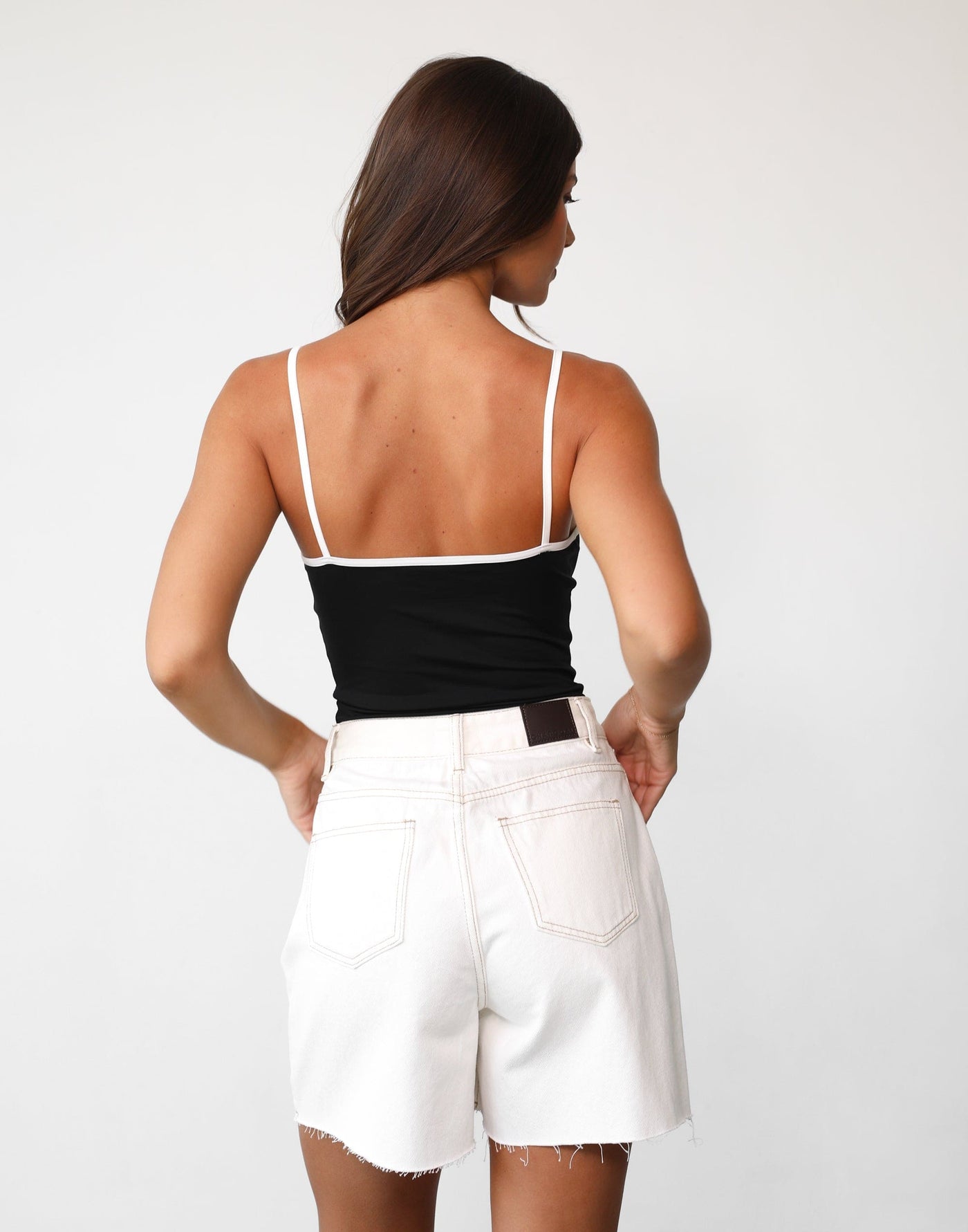 Elly Bodysuit (Black/White) | Charcoal Clothing Exclusive - Contrast Detail Scoop Neckline Bodysuit - Women's Top - Charcoal Clothing