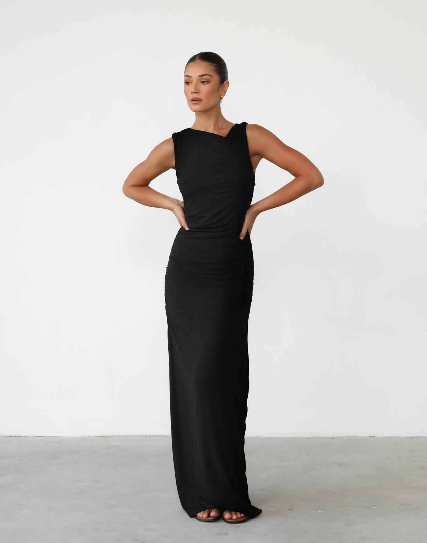 Everleigh Maxi Dress (Black) | Ruched Gathered Maxi Dress - Women's Dress - Charcoal Clothing