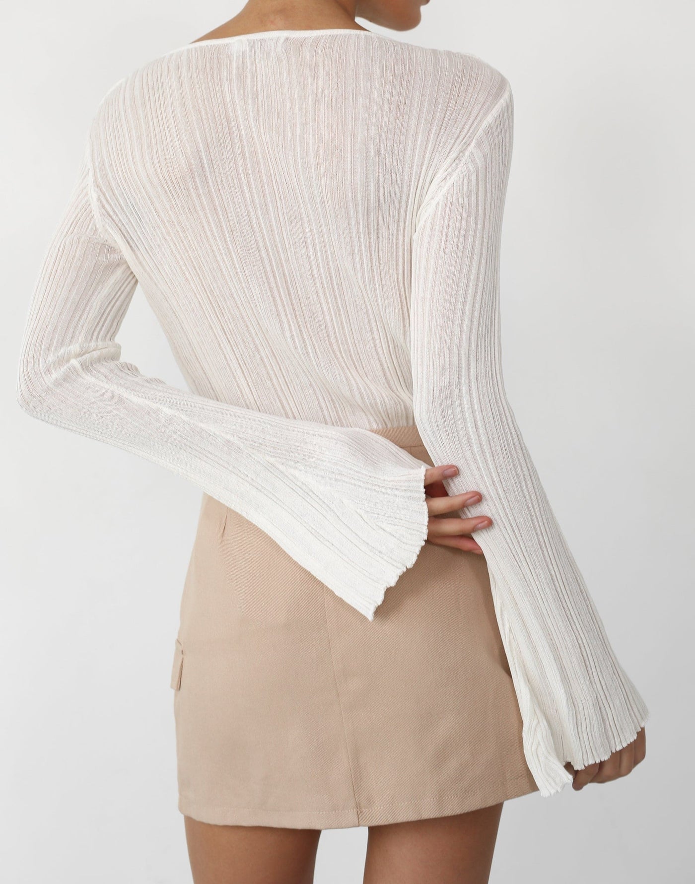 Corinna Long Sleeve Top (White) - Slightly Sheer Flared Sleeve Top - Women's Top - Charcoal Clothing