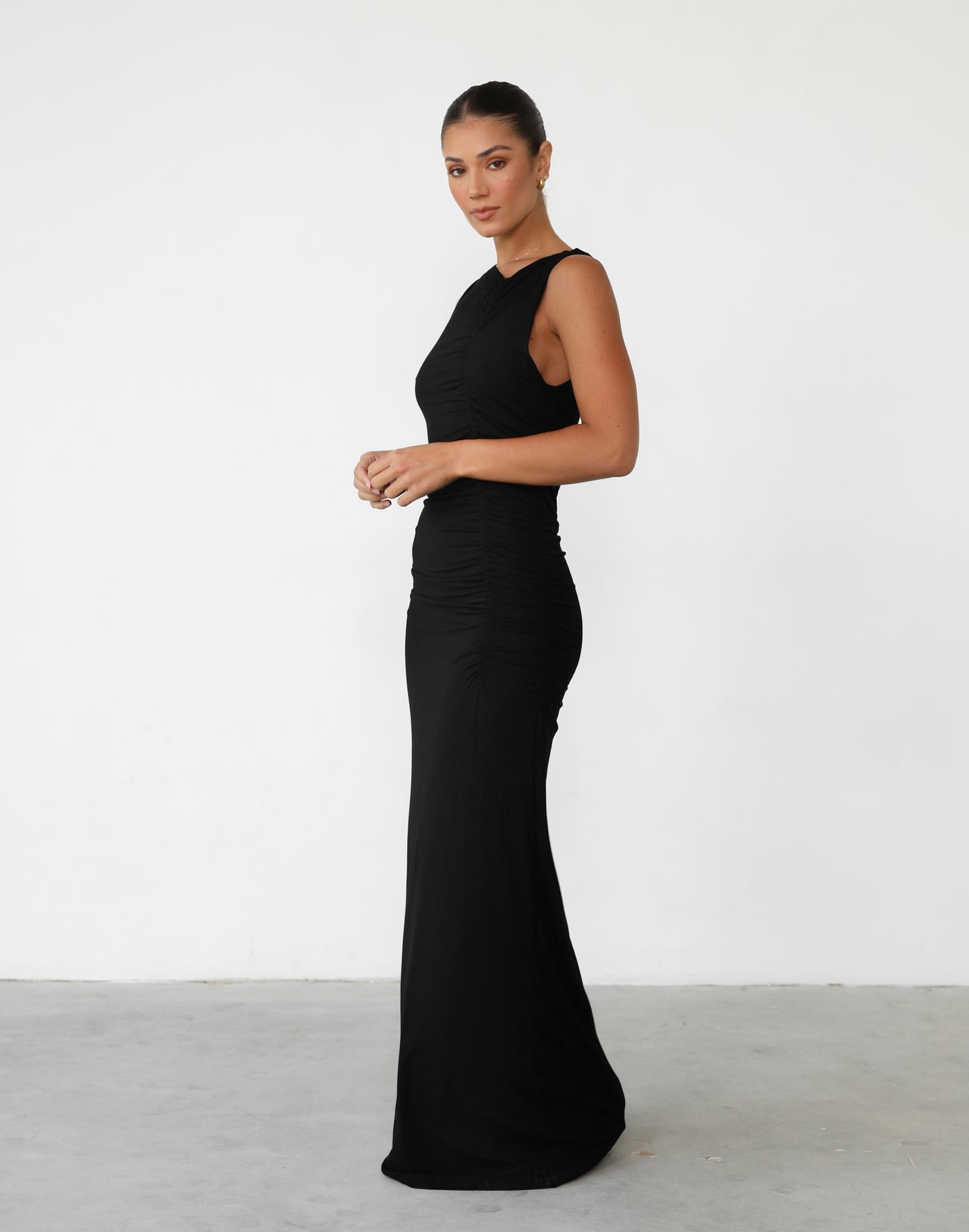 Everleigh Maxi Dress (Black) | Ruched Gathered Maxi Dress - Women's Dress - Charcoal Clothing