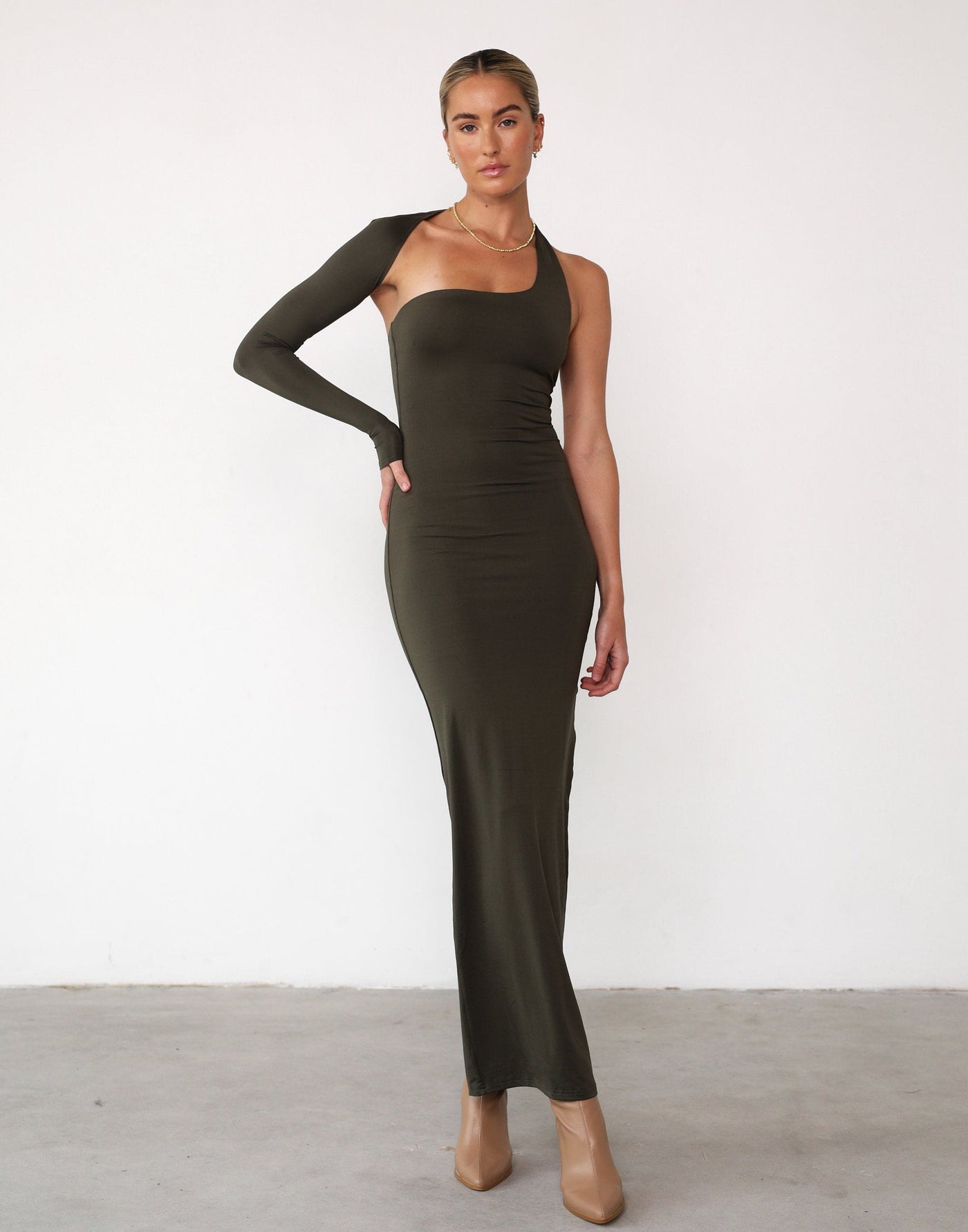 Ryleigh Maxi Dress (Burnt Olive) - Open Back One Sleeve Maxi Dress - Women's Dress - Charcoal Clothing