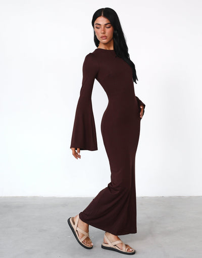 Carina Maxi Dress (Cocoa) - Long Sleeve Backless Maxi Dress - Women's Dress - Charcoal Clothing