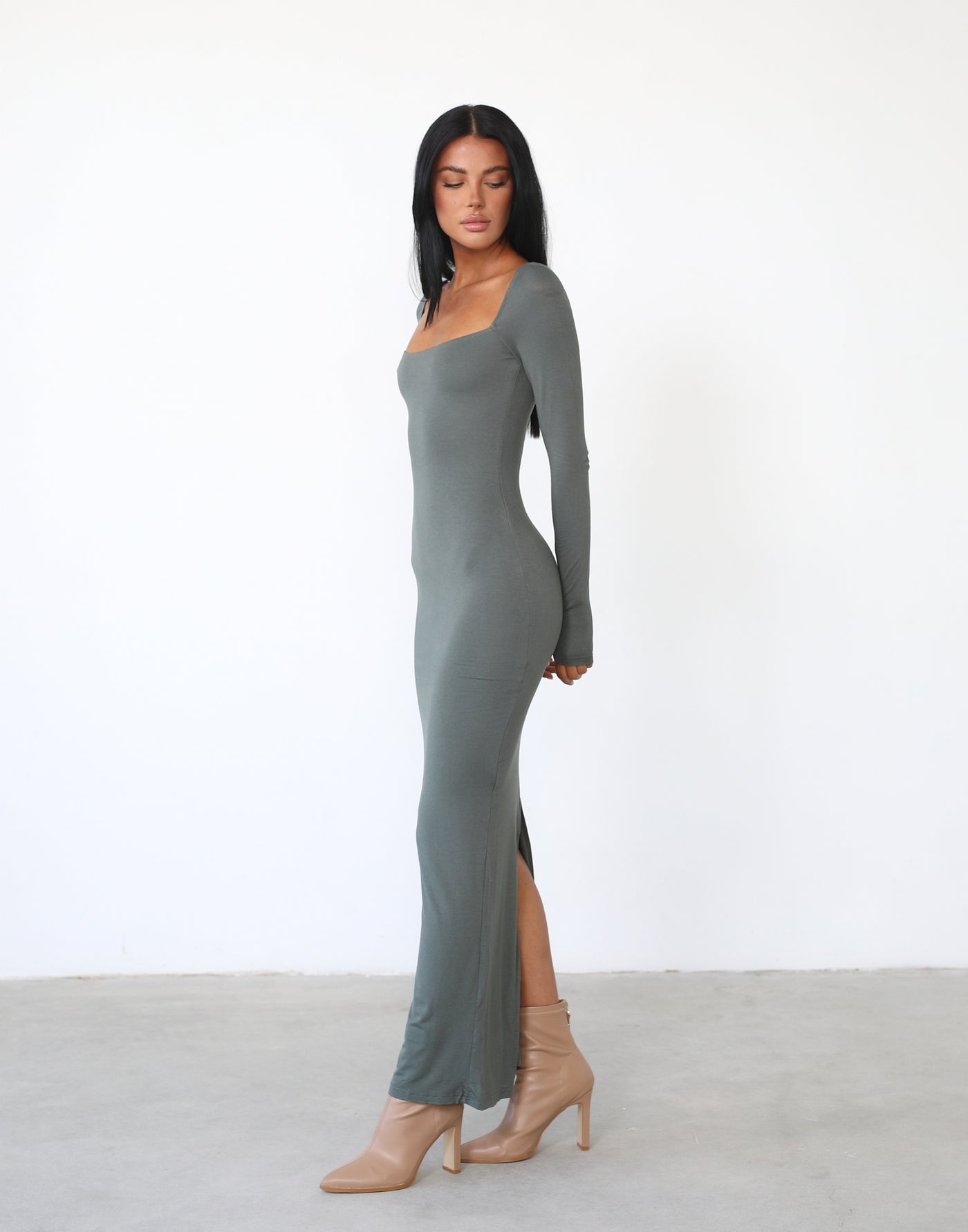 Eyes On Me Maxi Dress (Khaki) - Long Sleeved Fitted Square Neck Maxi - Women's Dress - Charcoal Clothing