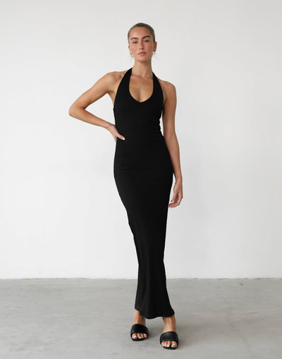 Veena Maxi Dress (Black) - Halter Neck Gathered Side Bodycon Maxi - Women's Dress - Charcoal Clothing