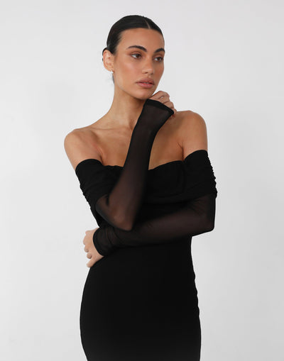 Carmella Maxi Dress (Black) - Off-the-shoulder Sheer Long Sleeve Maxi - Women's Dress - Charcoal Clothing