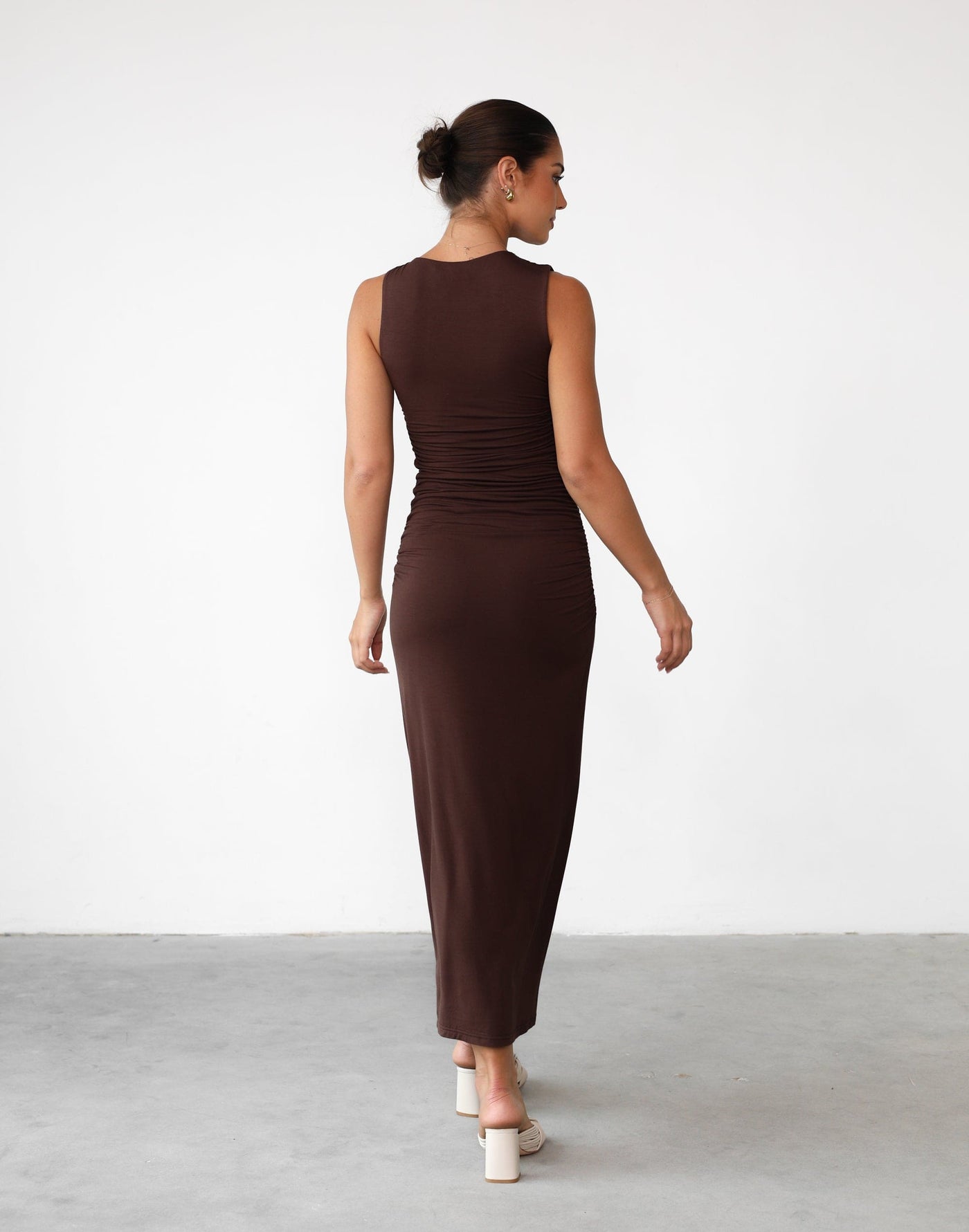 Delphine Maxi Dress (Cocoa) - Bodycon Jersey Gathered Detail Maxi Dress - Women's Dress - Charcoal Clothing