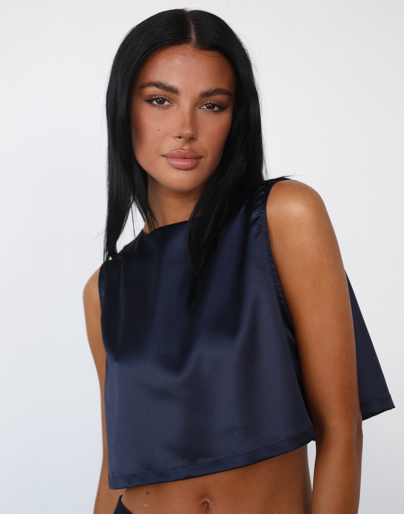 Sincerity Crop Top (Navy) - Open Back Satin-look Sleeveless Top - Women's Top - Charcoal Clothing