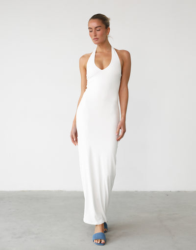 Veena Maxi Dress (White) - V-Neck Bodycon Gathered Side Maxi Dress - Women's Dress - Charcoal Clothing