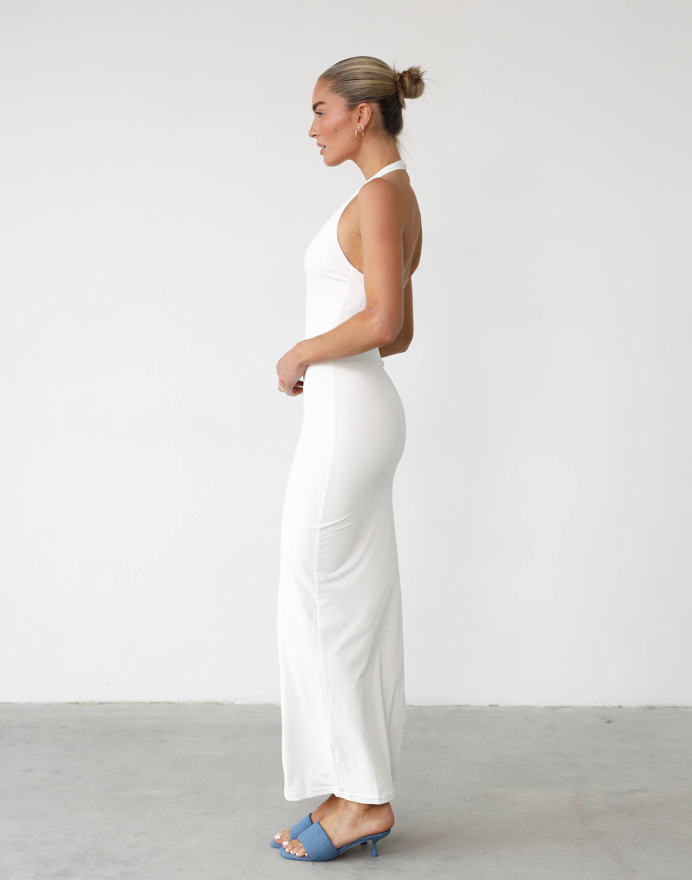 Veena Maxi Dress (White) - V-Neck Bodycon Gathered Side Maxi Dress - Women's Dress - Charcoal Clothing