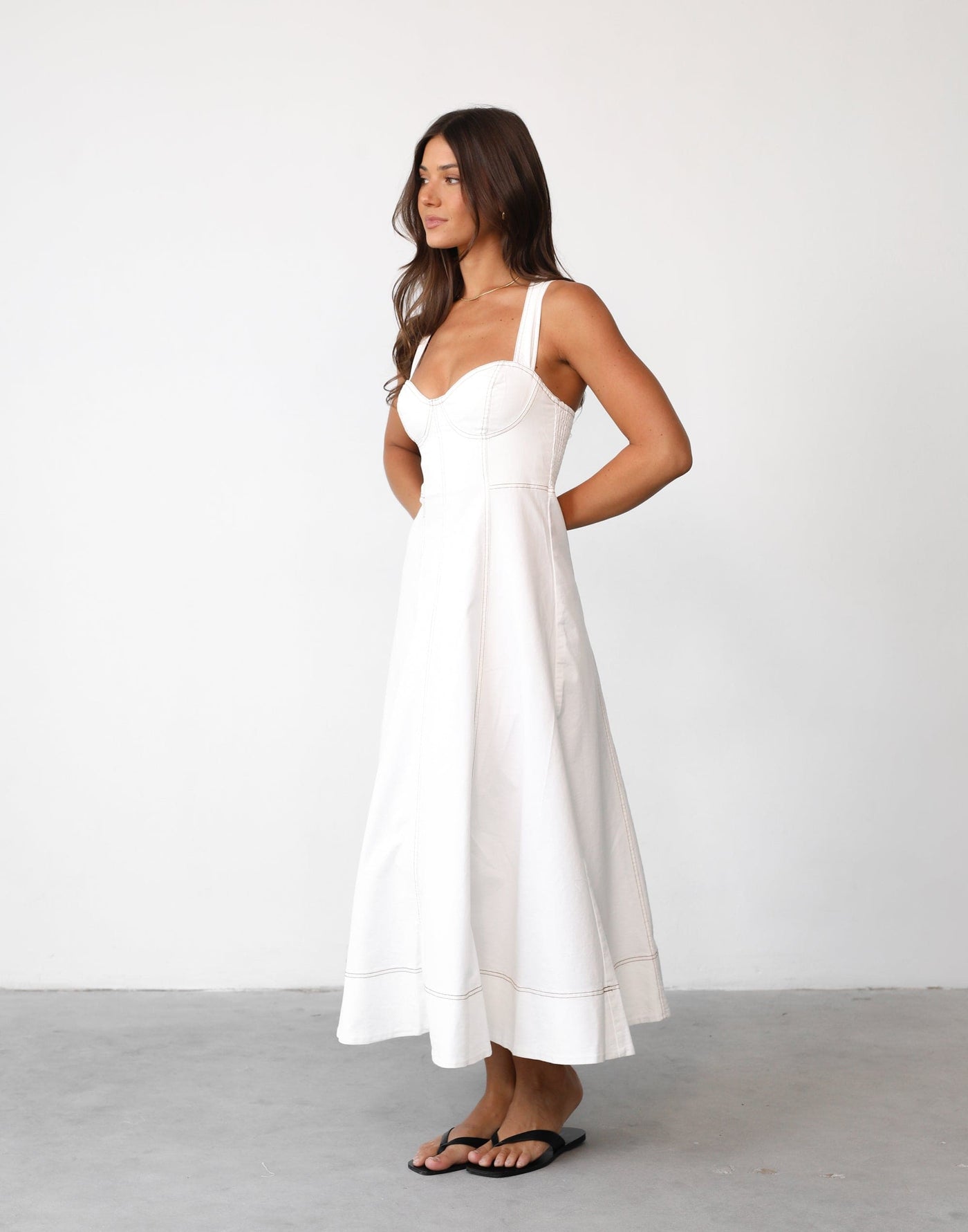Carolina Maxi Dress (White) - Sweetheart Neckline Crossed Back Full Skirt Maxi - Women's Dress - Charcoal Clothing