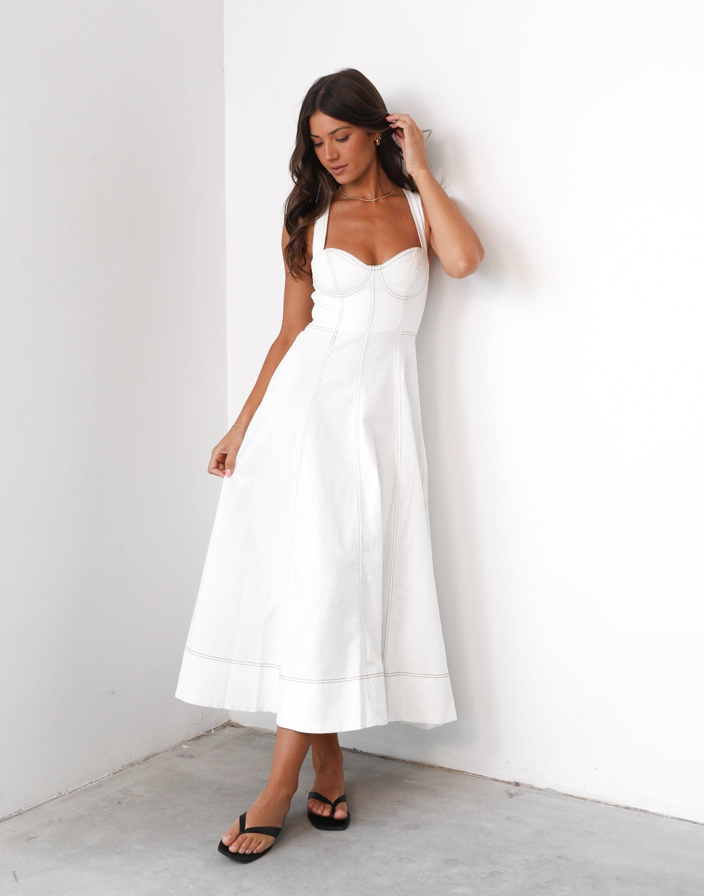 Carolina Maxi Dress (White) - Sweetheart Neckline Crossed Back Full Skirt Maxi - Women's Dress - Charcoal Clothing