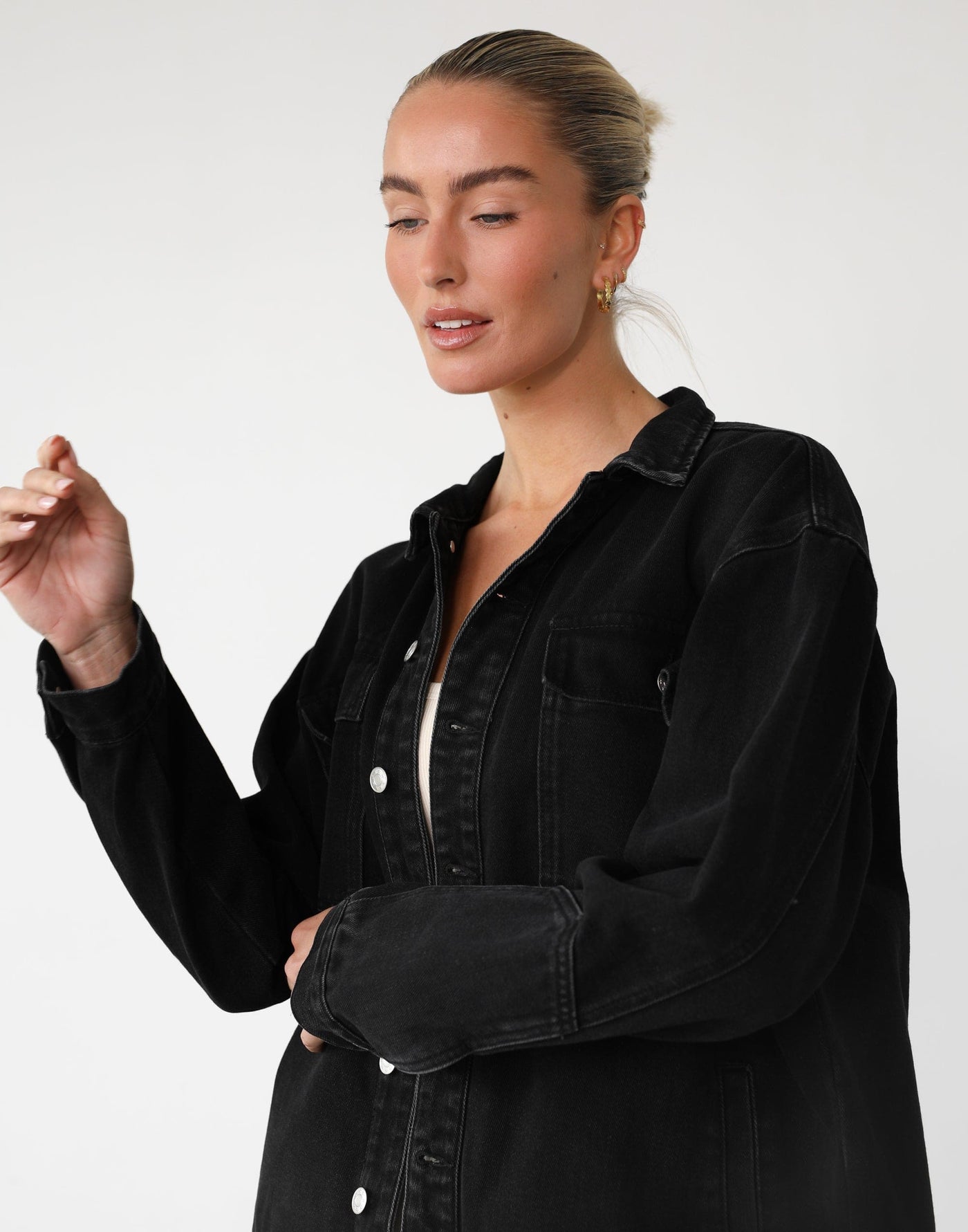 Adrian Denim Jacket (Black Wash) - - Oversized Silver Detail Denim Jacket - Women's Outerwear - Charcoal Clothing