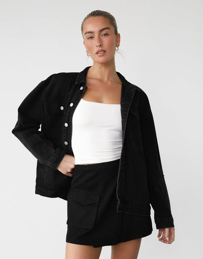 Adrian Denim Jacket (Black Wash) - - Oversized Silver Detail Denim Jacket - Women's Outerwear - Charcoal Clothing