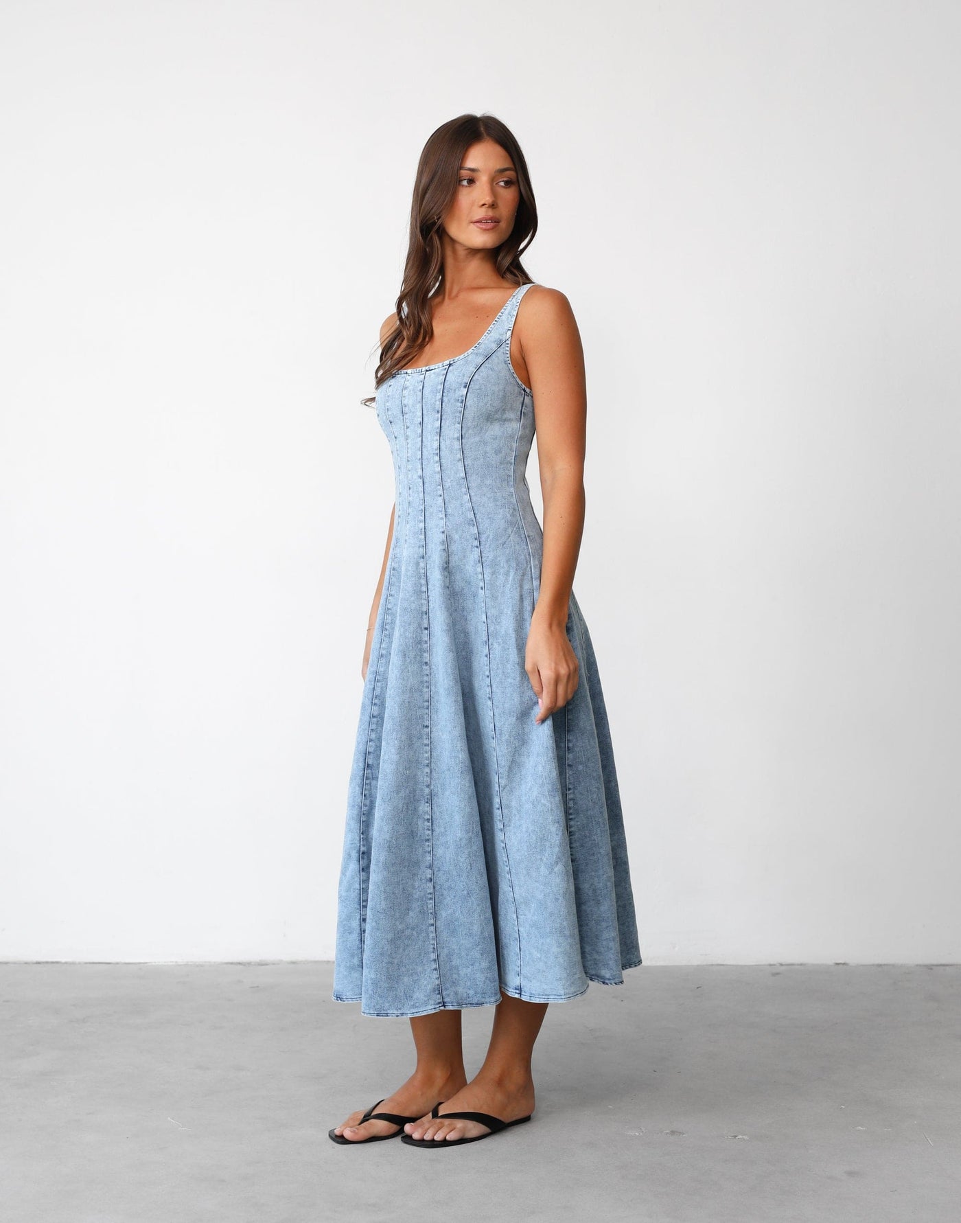Kella Denim Maxi Dress (Light Denim) - Stretch Denim A-line Dress - Women's Dress - Charcoal Clothing