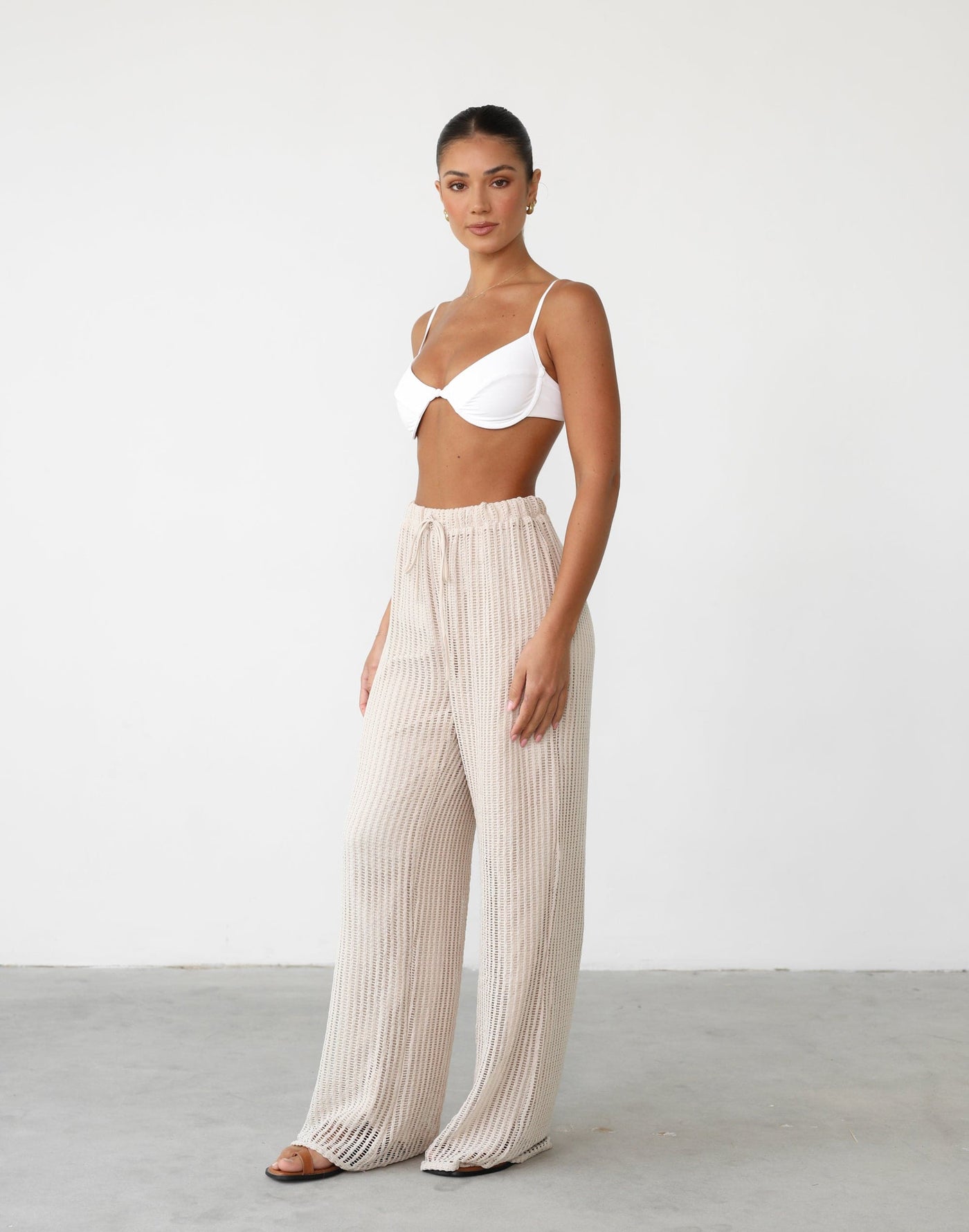 Aliyna Pants (Sand) - Beige Knitted High Waisted Pants - Women's Pants - Charcoal Clothing