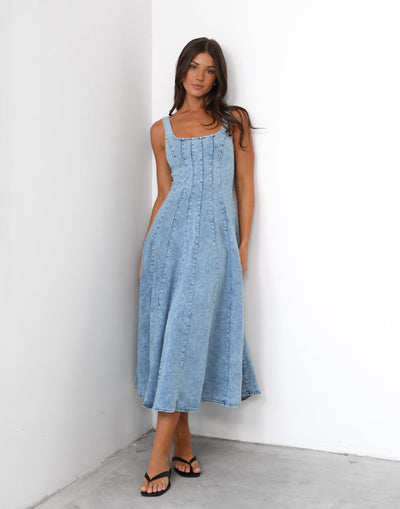 Kella Denim Maxi Dress (Light Denim) - Stretch Denim A-line Dress - Women's Dress - Charcoal Clothing