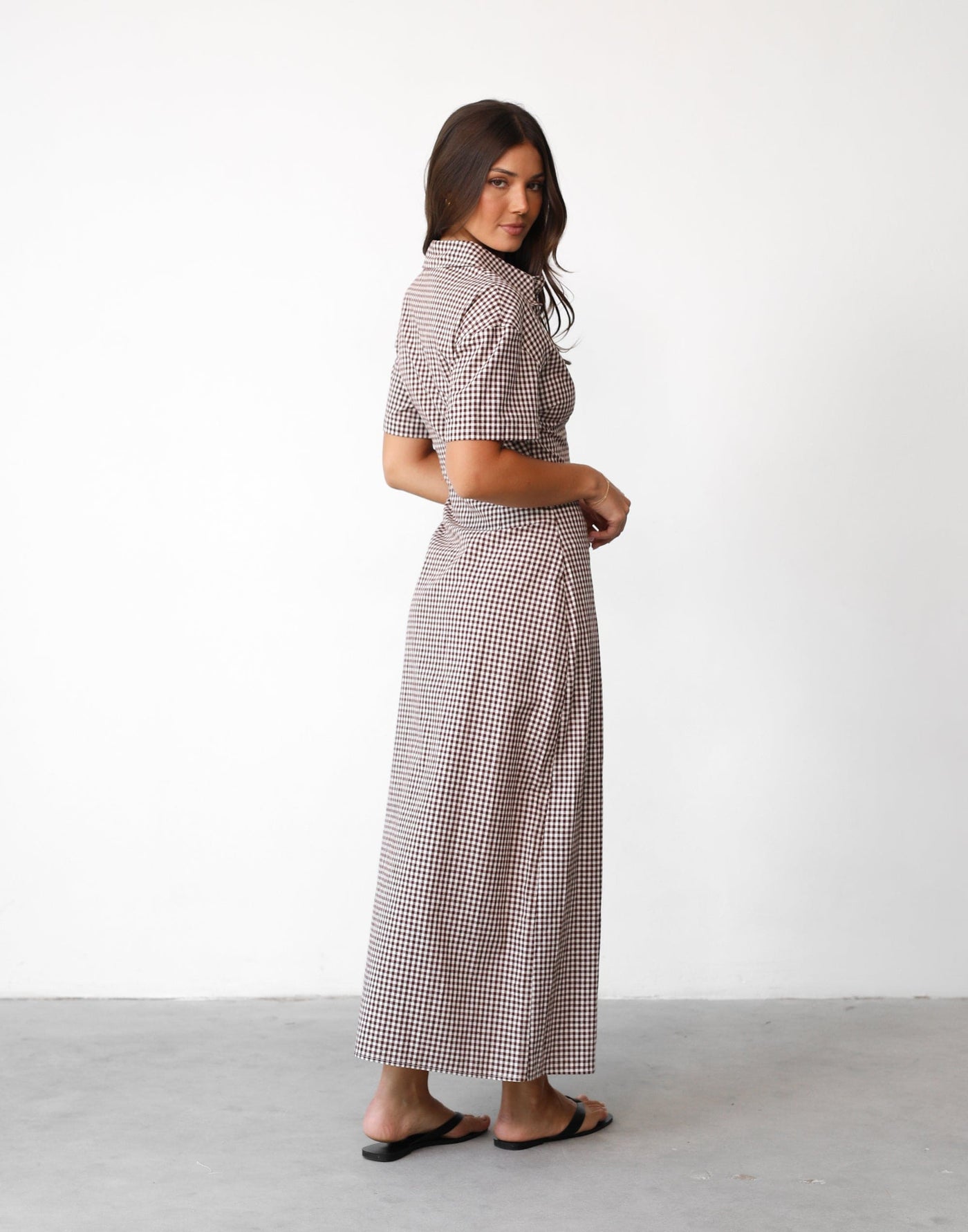 Lua Maxi Dress (Choc Gingham) | Charcoal Clothing Exclusive - Collared Button Down Fitted Maxi Dress - Women's Dress - Charcoal Clothing